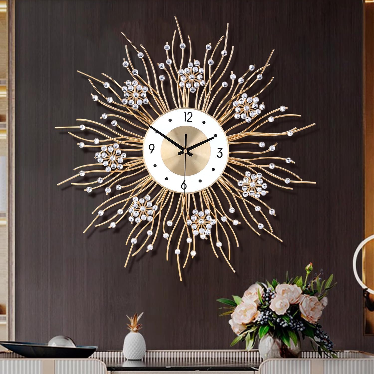 SIN&MI Large Wall Clocks, Silent Sunflower Shape Chic Decorative Wall Clock, Modern Non-Ticking Round Clock Dial Iron Metal Wall Clock for Living Room Decor Entrance Office Cafe 20 Inch