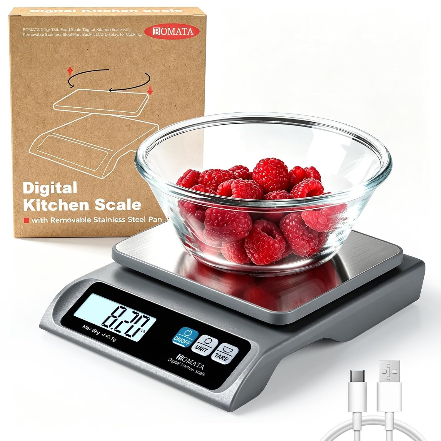 BOMATA 0.1g High Precision Digital Kitchen Food Scale, 13lb Gram Scale | USB Rechargeable, Removable Pan, Stainless Steel Pan, Backlit LCD Display, for Cooking, Baking B621 Grey