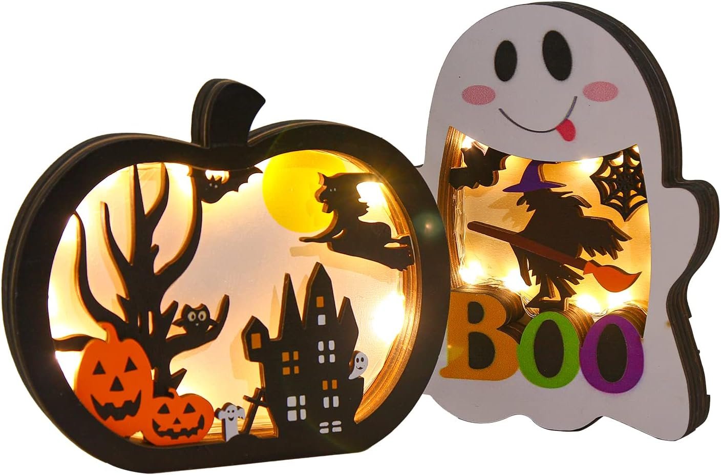 SULOLI Halloween Wooden Lighted Pumpkin for Tabletop, 2pcs Light Up Pumpkin Ghost Lamp Lantern Shadow Box Halloween Table Decorations Ornament