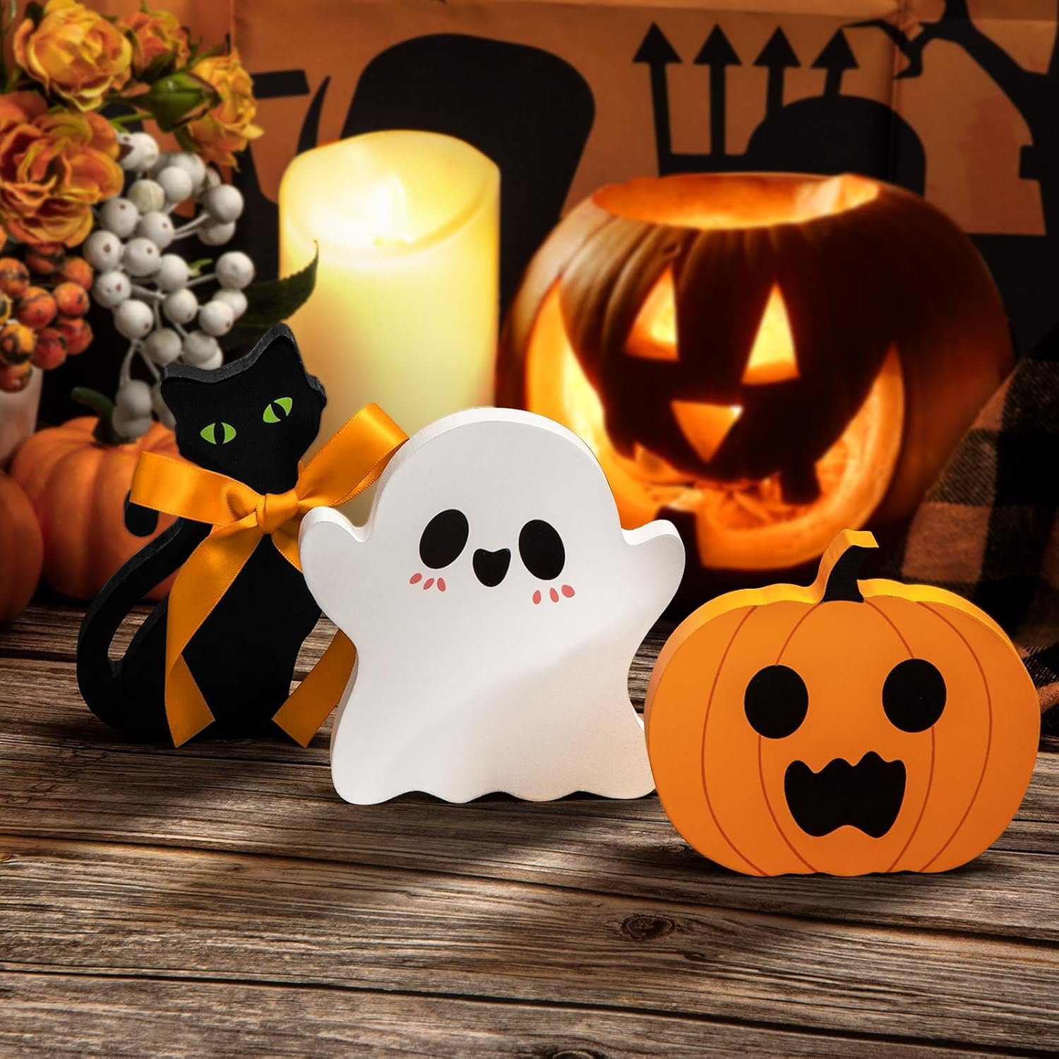 Cute Halloween Tiered Tray Decorations Indoor, Ghost Wooden Decor Pumpkin Blocks Signs (Set of 3)