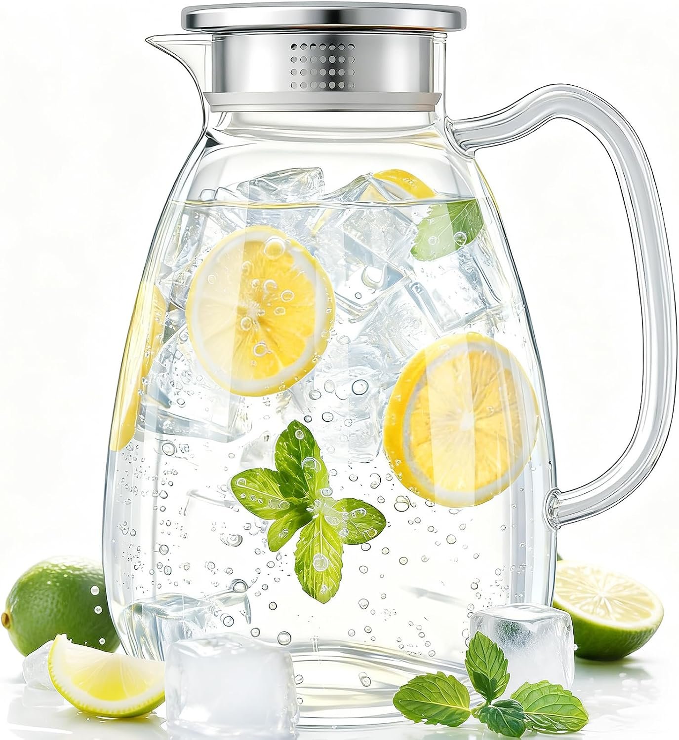 Glass Pitcher with Lid and Handle, 2.2L/74 oz Borosilicate Glass | Stainless steel dual-pour lid with strainer, heat-resistant, hot and cold drinks, water, iced tea, coffee, juice, lemonade
