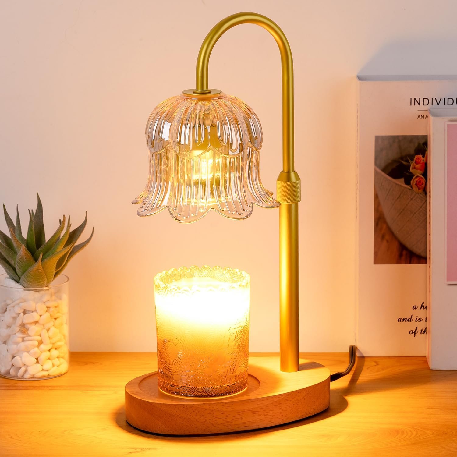 Candle Warmer Lamp Flower Electric Timer – Home Decor Women Birthday Gifts | Dimmable Candle Warmer Height Amber Glass 2 Bulbs For Jar Adjustable Wax House Warming Gifts Her Mom Halloween Christmas