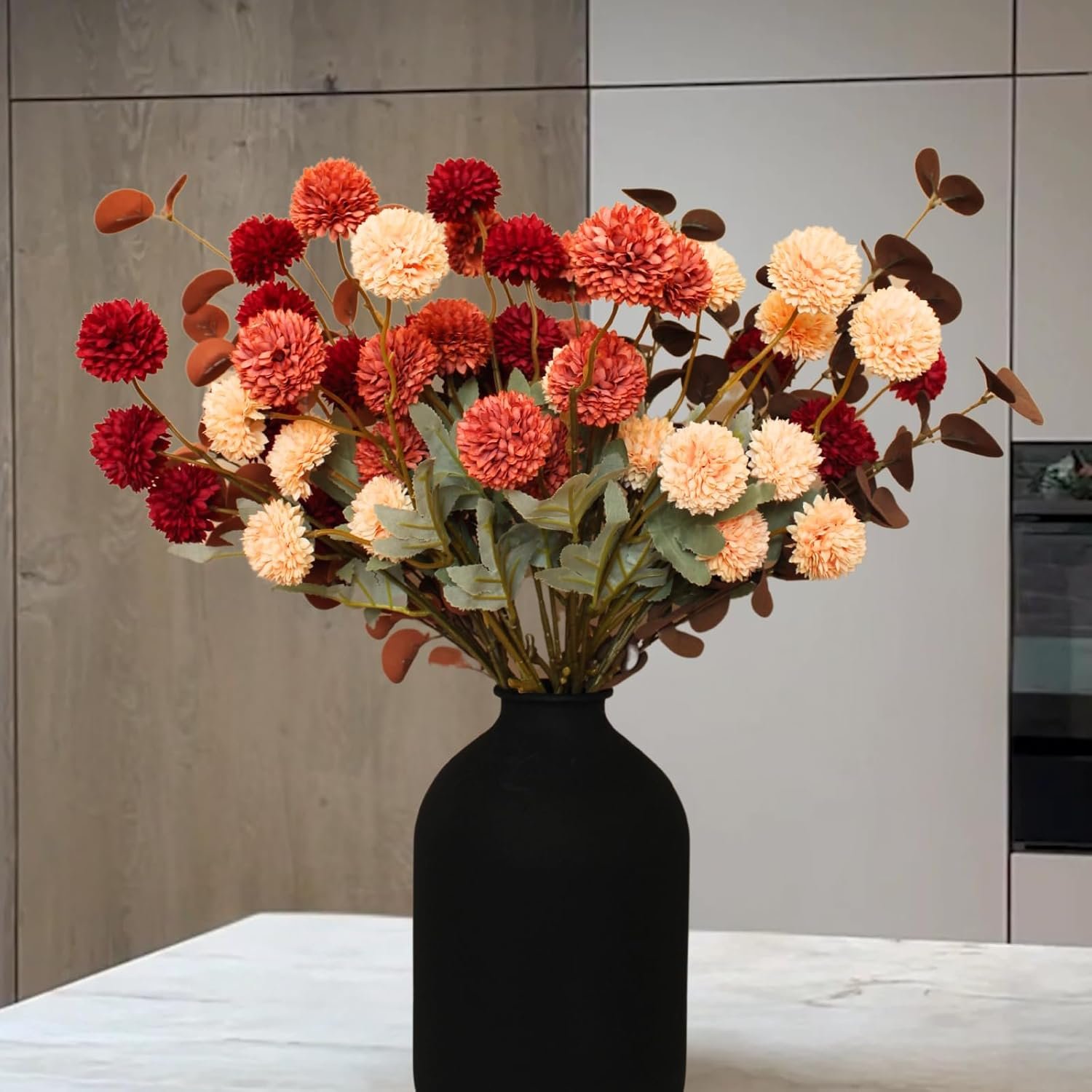 RyddeligHome Fall Flowers, Burnt Orange Faux Kiku Flowers Artificial 10 Stems + Eucalyptus, Fake Red Orange Mums Floral Centerpiece, Terracotta Mini Balls Faux Stems for Vase, Decoración de Otoño