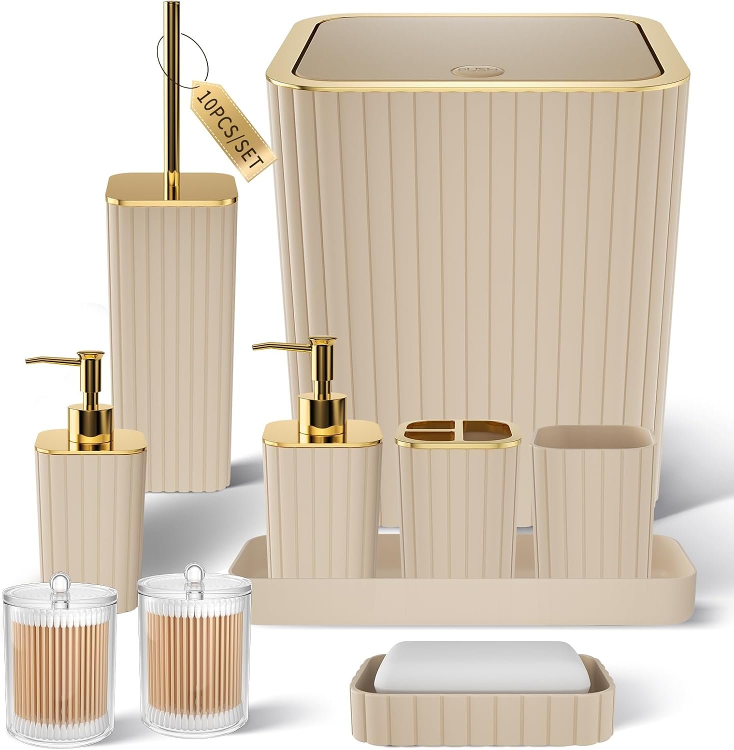 XLHOMO Bathroom Accessories Set – Gorgeous Bathroom Set, 10PC Beige Bathroom Accessory Set, Toilet Brush, Trash Can & Soap Dispenser