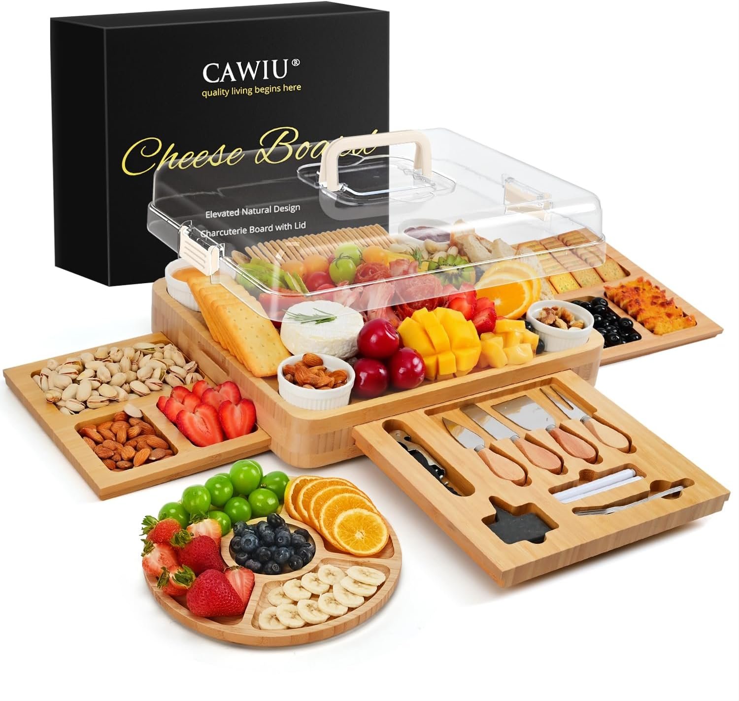 Large Bamboo Charcuterie Board Set with Lid, Drawers, Cream | Includes serving utensils and a fruit tray for easy entertaining; ideal for housewarmings, weddings and bridal showers.