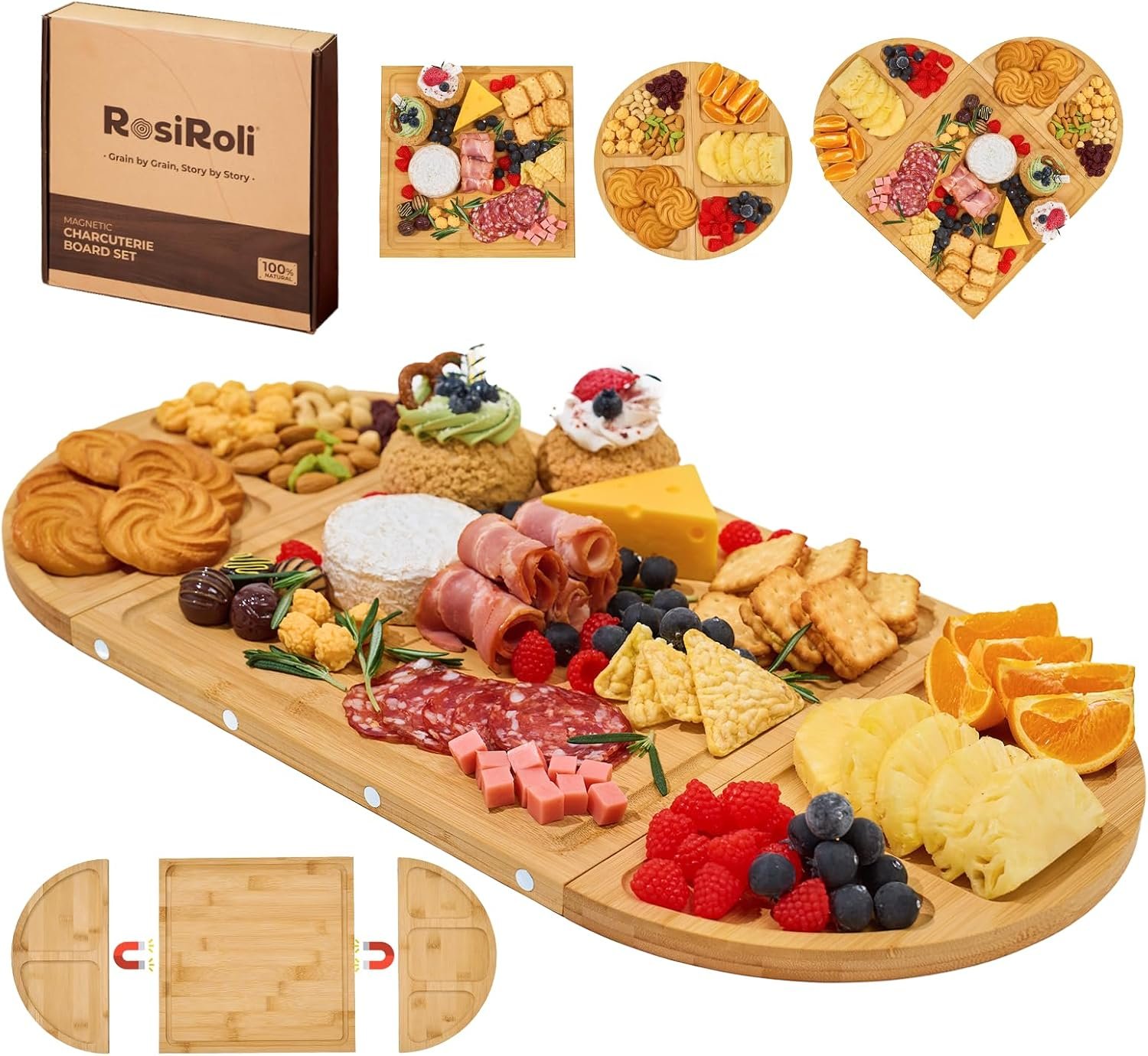 Magnetic Bamboo Charcuterie Board Set, 3-Piece Serving Tray | 100% Natural Bamboo, Magnetic 3-Piece Transformable Layout,Built-in Juice Grooves, Fits Parties and Gatherings