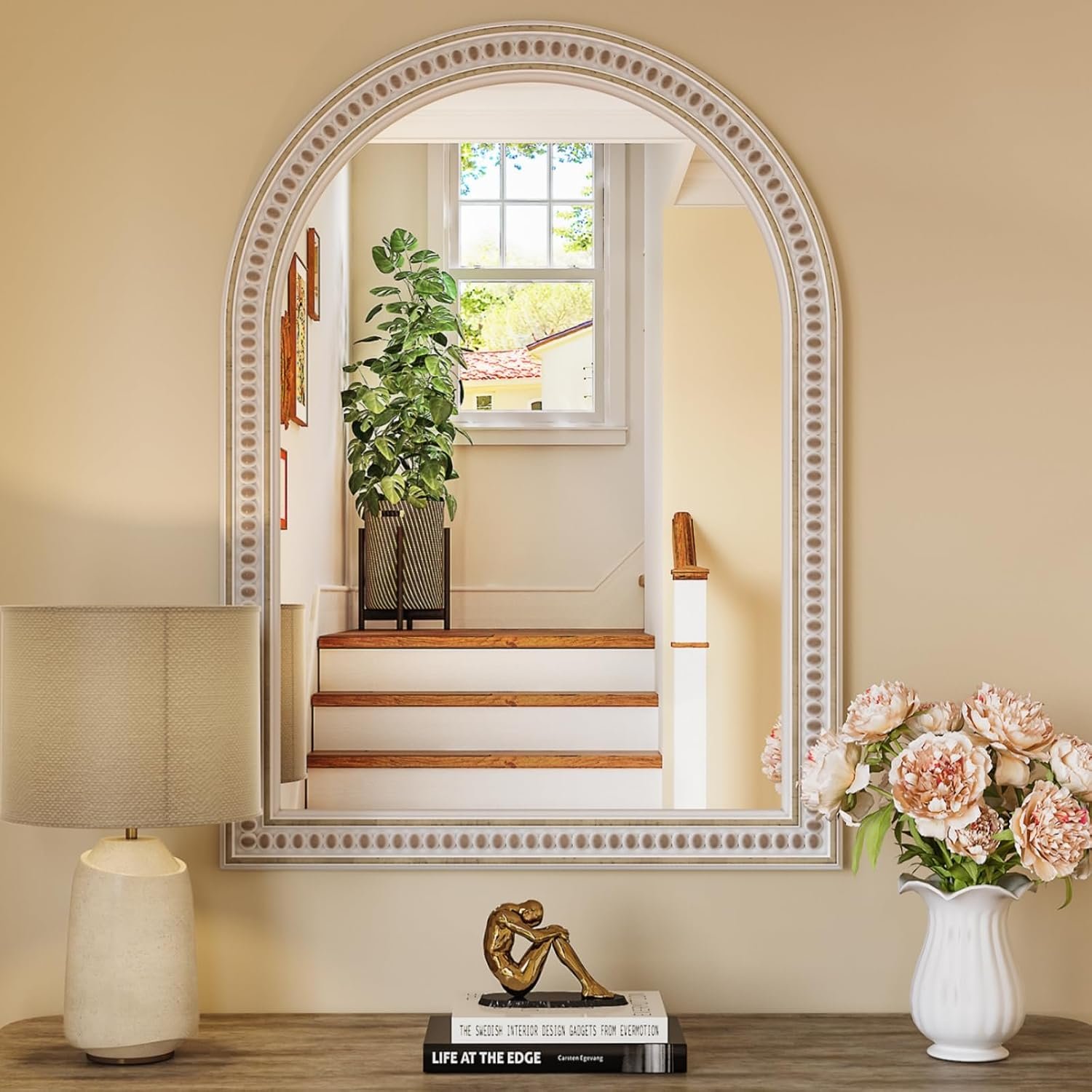 Boho Mirror for Wall, 22″ x 30″ Farmhouse Arched Rustic Wooden Frame Mirror with Beaded, Arch Decorative Wall Mirrors for Bathroom, Vanity, Living Room, Entryway