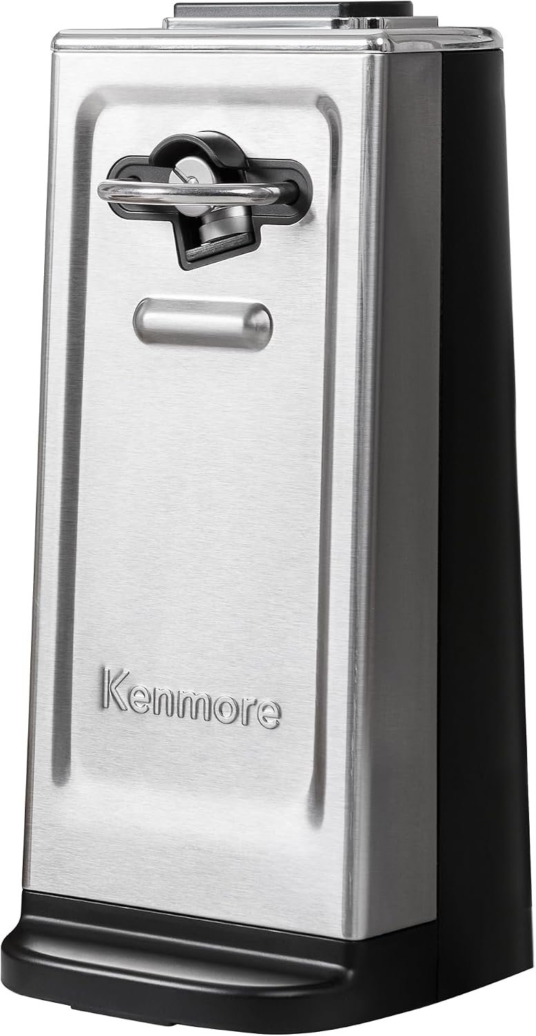 Kenmore Electric Can Opener – Smooth Edge, Automatic Side-Cut Blade, Extra-Tall Design for Regular & Pop-Top Cans, Easy One-Touch Operation, Black & Stainless Steel