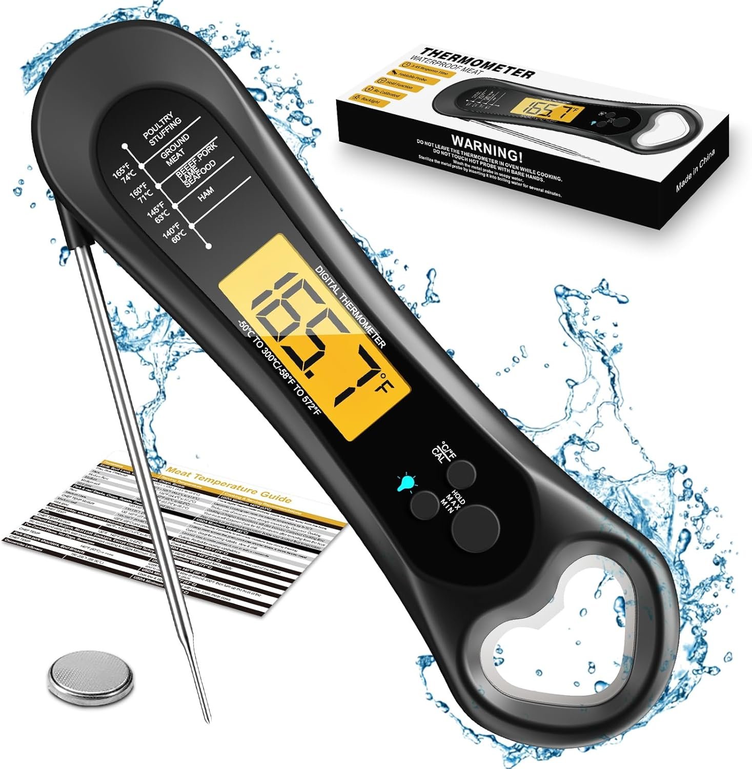 Meat Thermometer Digital, Instant Read Meat Thermometer for Grill and Cooking, with Bottle Opener, Backlight & Calibration Food Thermometer, Kitchen Gadgets for BBQ, Turkey, Candy, Liquids