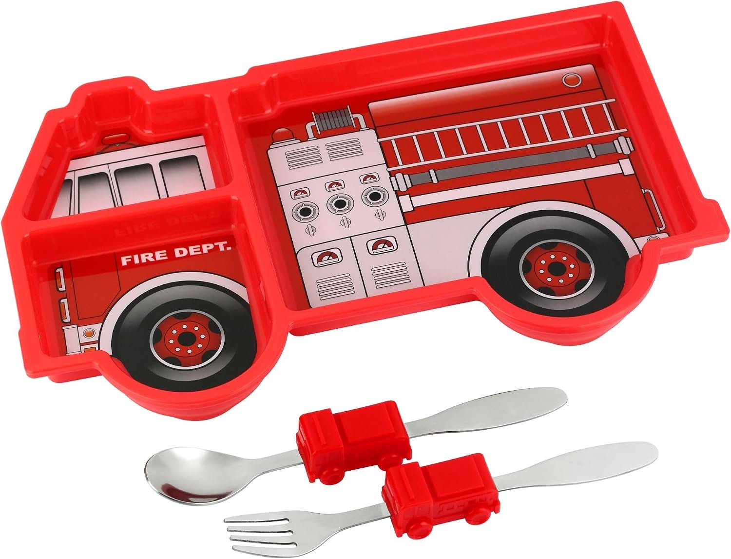 Fire Engine Meal Set, Toddler Divided Plate, Fork & Spoon, Red | Portion Control Plate with 3 Sections, Shatter-Proof BPA-Free Polypropylene, Dishwasher Safe, Kid-Sized Utensils