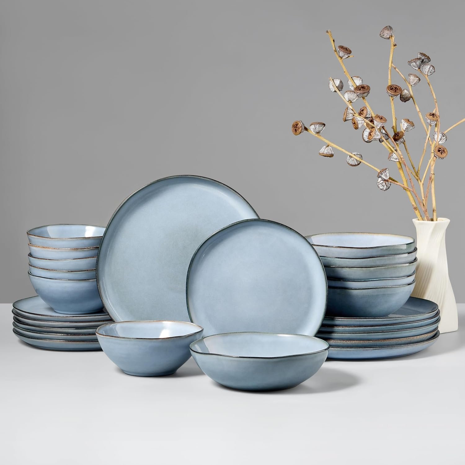 HaWare Plates and Bowls Set, Stoneware Dinnerware Sets, 24-Piece Hand-painted Dishware for 6, Ceramic Dinner Set for Home Kitchen, Scratch Resistant, Microwave and Dishwasher Safe, Reactive Foggy Blue