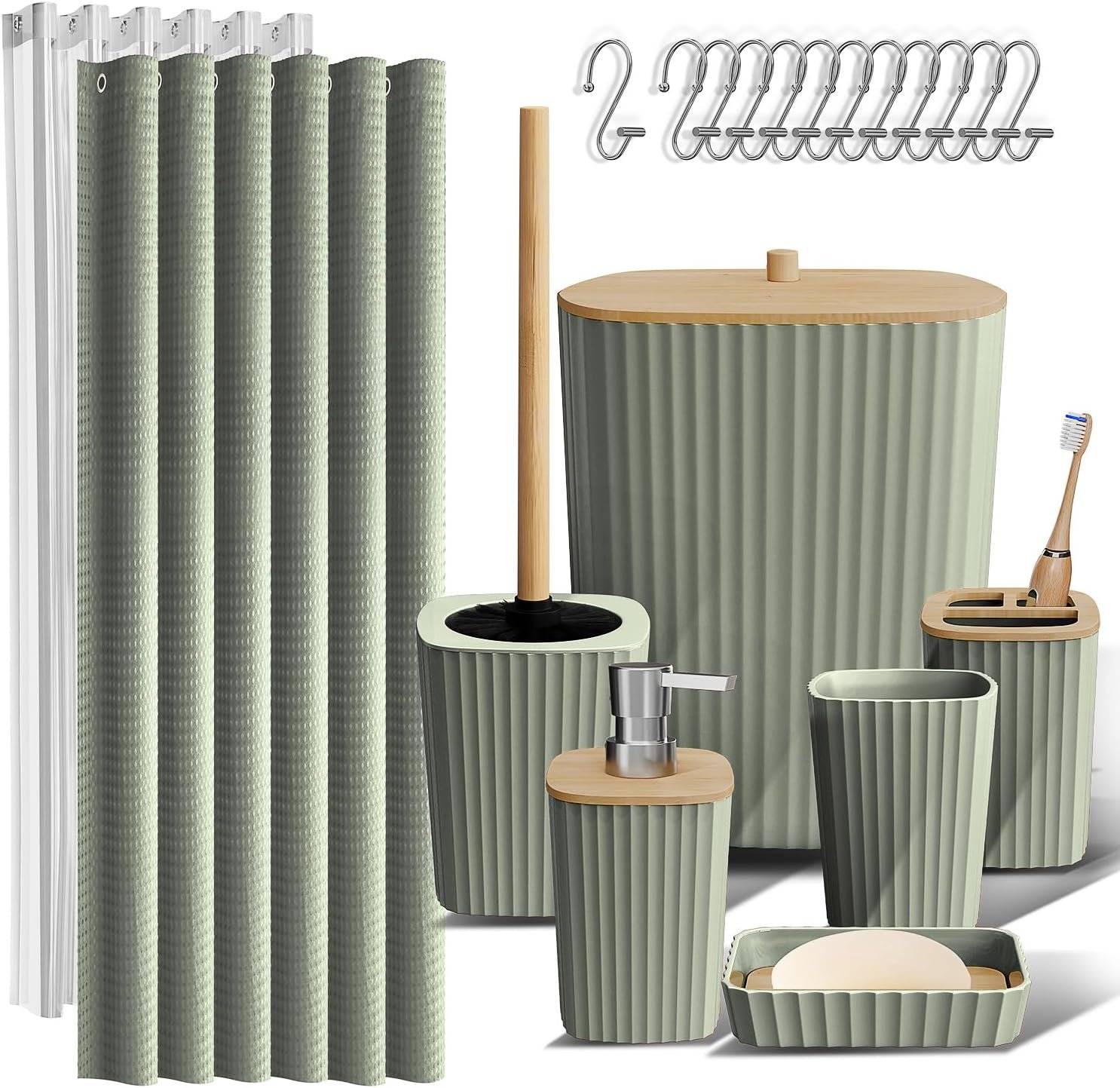 Clara Clark Bathroom Set, Shower Curtain Set, Bathroom Accessory Set | 20 Piece Sage Green Bathroom Accessories Set with Toothbrush Holder, Soap Dispenser, Soap Dish, Toilet Brush, and Trash Can