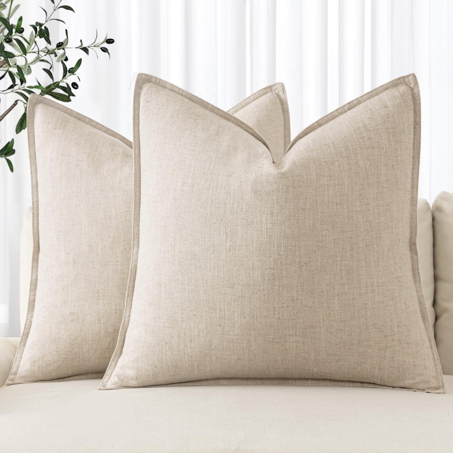MIULEE Decorative Linen Pillow Covers 20×20 Inch Natural Beige | Boho Farmhouse​ ​Neutral Couch Throw Pillows for Bed, Pack of 2 Accent Modern Pillowcases, Sofa Livingroom Home Decor