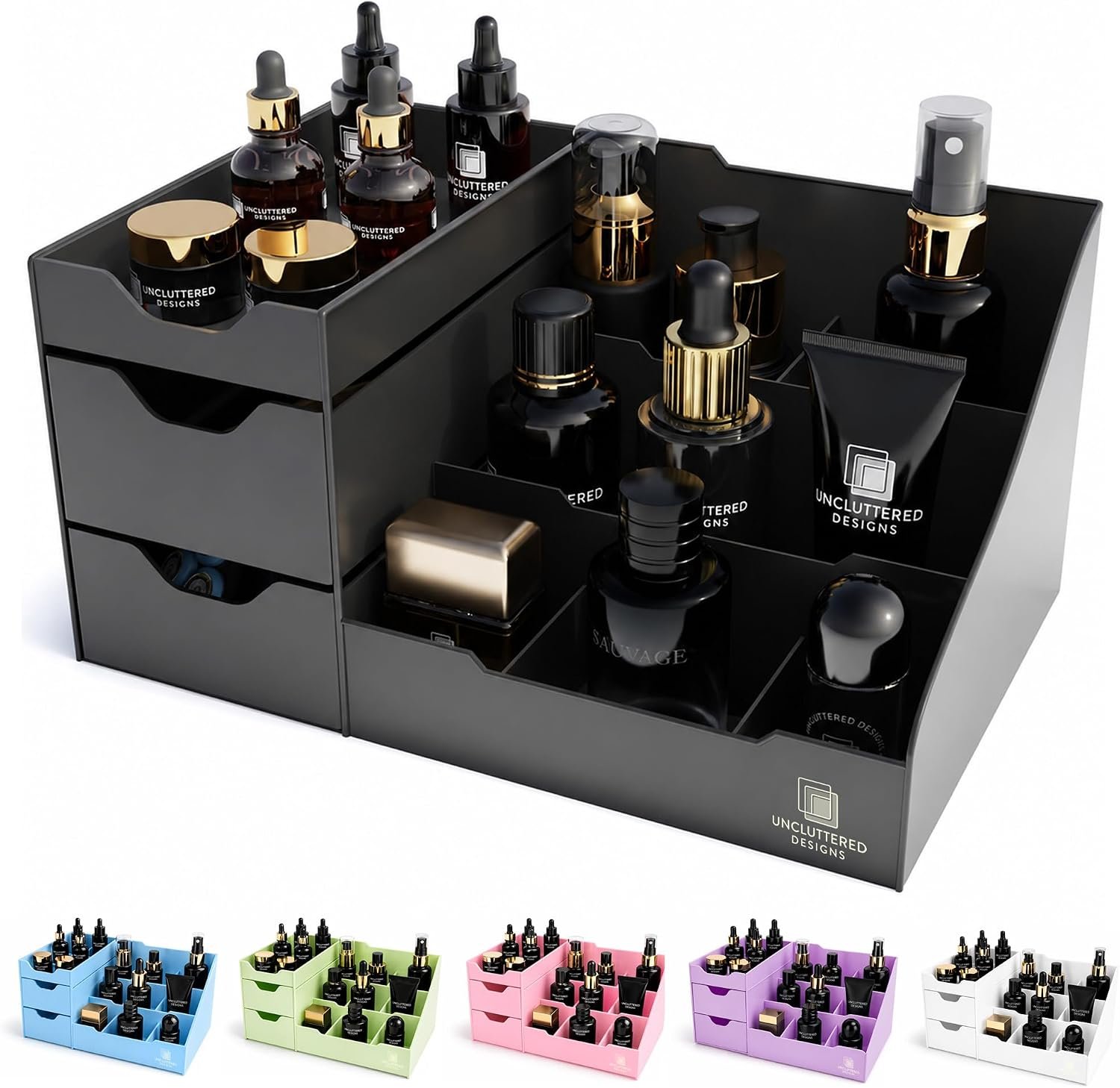 Uncluttered Designs Large Black Vanity Organizer – Countertop Mens Organizer With Drawers for Cologne, Deodorant, Beard, Shaving Lotion, Perfume & Skincare – Perfect for Bathroom & Bedroom Storage