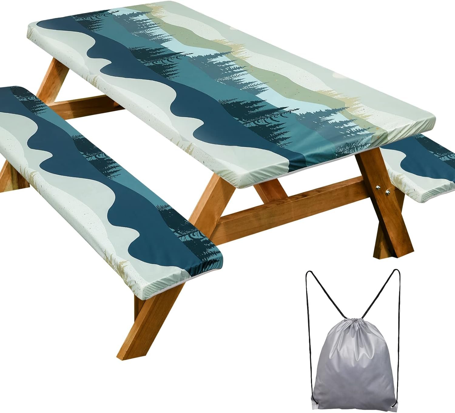 Picnic Table Cover with Bench Covers Camping Essentials Waterproof Windproof Camping Tablecloth with Drawstring Bag, Fitted Rectangle Tables and Seats, 72in, Green Blue | Waterproof Vinyl for Outdoor, Windproof Elastic Fitted Edges, RV BBQ Accessories Must Haves, Storage Bag Included