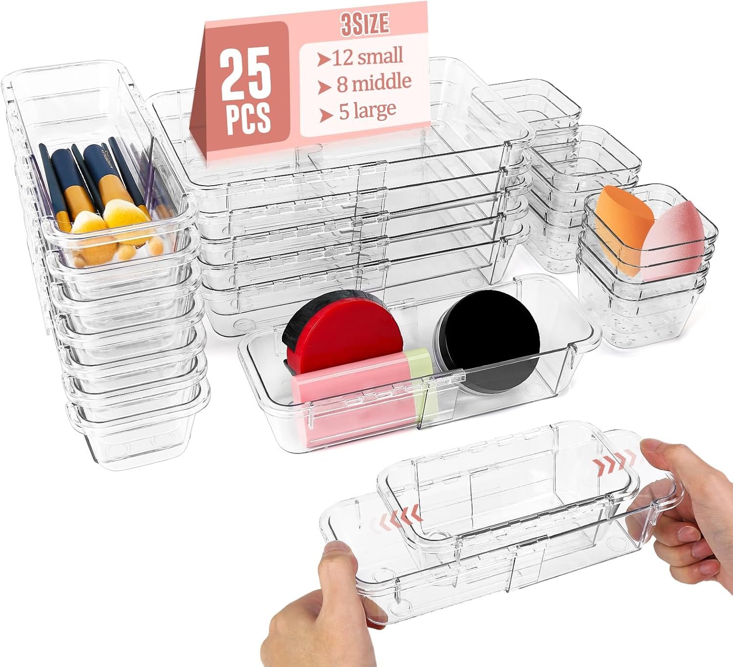 IAMGlobal 25PCS Expandable Drawer Organizer, 3-Size Adjustable Storage Bins | Acrylic, Clear, Transparent, Stackable, Expanding, No Assembly Required, Easy to Clean, for Makeup, Bathroom, Kitchen, Office