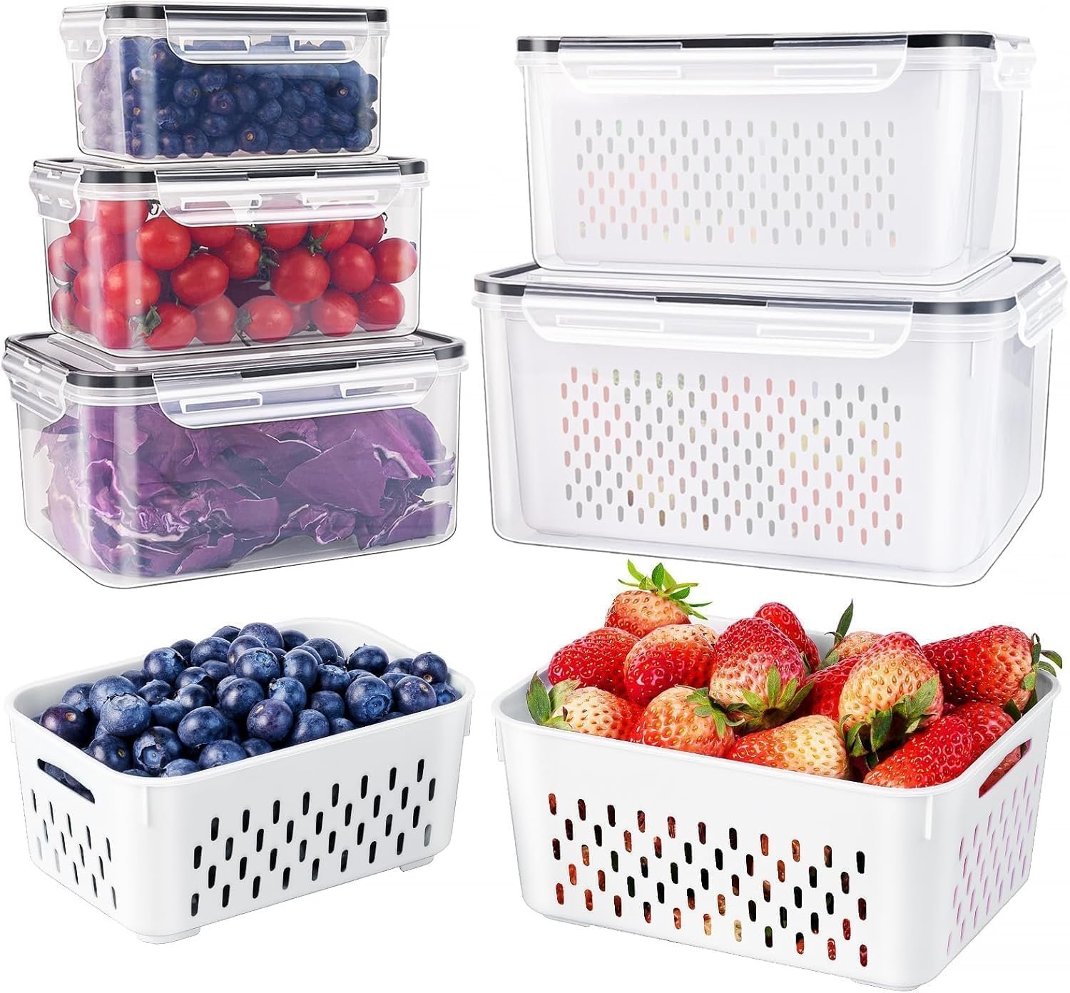 5 PCS Large Fruit Containers for Fridge – Leakproof Food Storage Containers with Removable Colander – Dishwasher & microwave safe Produce Containers Keep Fruits, Vegetables, Berry, Meat Fresh longer | with Removable Colander Leakproof Dishwasher & Microwave safe Produce Containers Keep Fruits Vegetables Berry Fresh longer