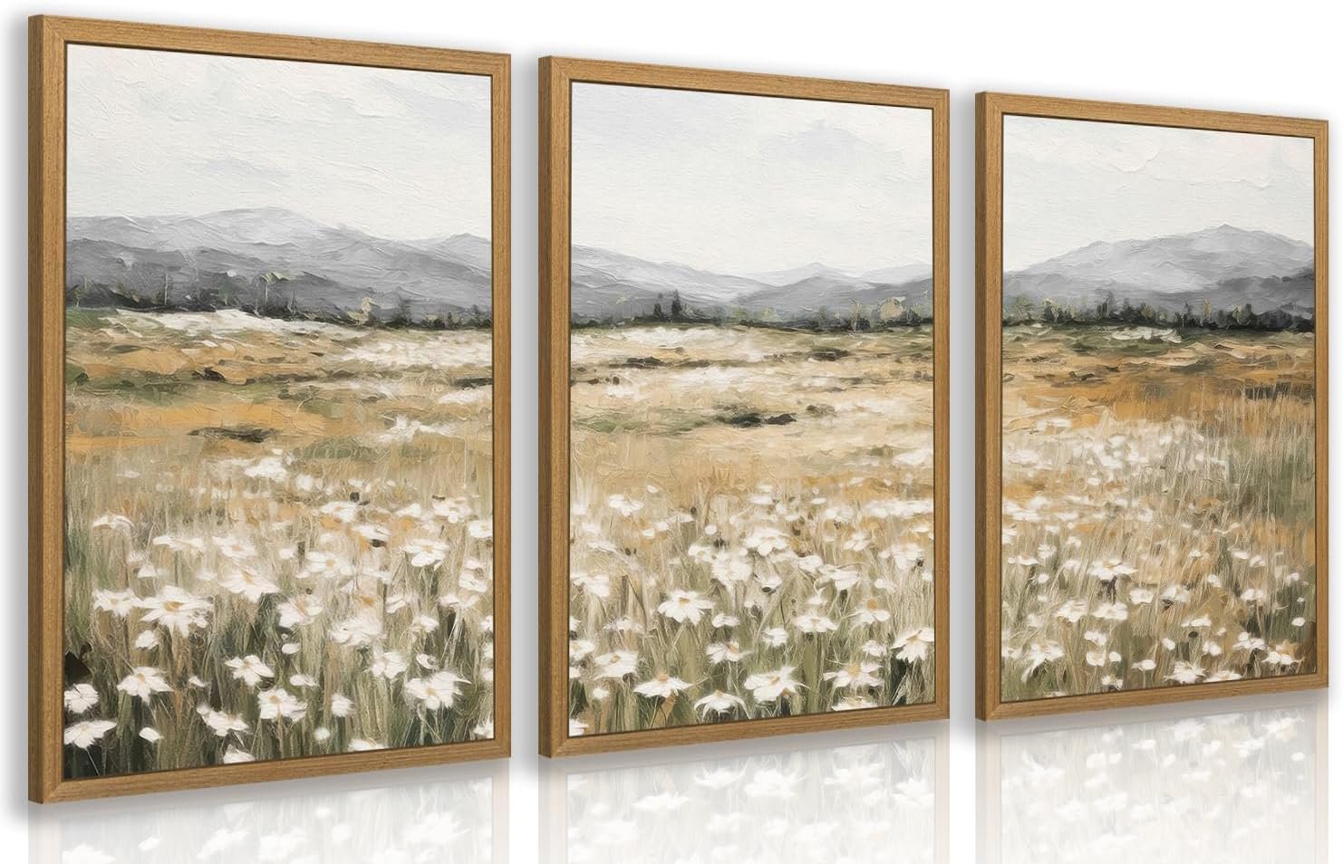 CAZLOUC White Wildflowers Wall Art Set of 3, Neutral Meadow Landscape Wall Decor, Minimalist Mountain Canvas Prints, Beige Rustic Field Paintings for Living Room Bedroom Wood Framed 12×16 Inch