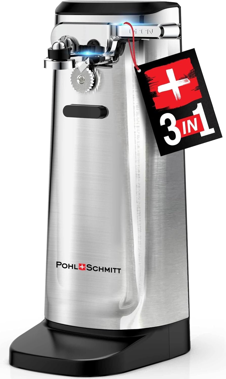 POHL SCHMITT Electric Can Opener, Knife Sharpener & Bottle Opener | Easy Push Down Lever, Works with Standard And Pop-Top Cans, Durable Stainless Steel & ABS, Kitchen Essentials and Accessories