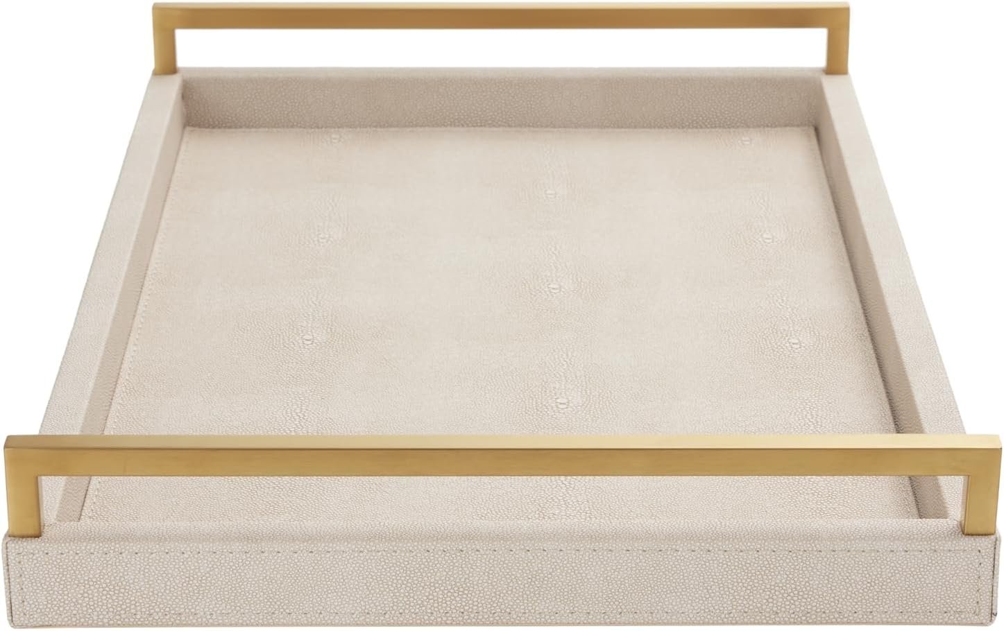 Ivory Shagreen Leather Serving Tray with Gold Handles-17.7×11.8 Inch Large Wooden Decorative Ottoman Tray fro Coffee Table, Kitchen, Dining, and Home Decor (Ivory)