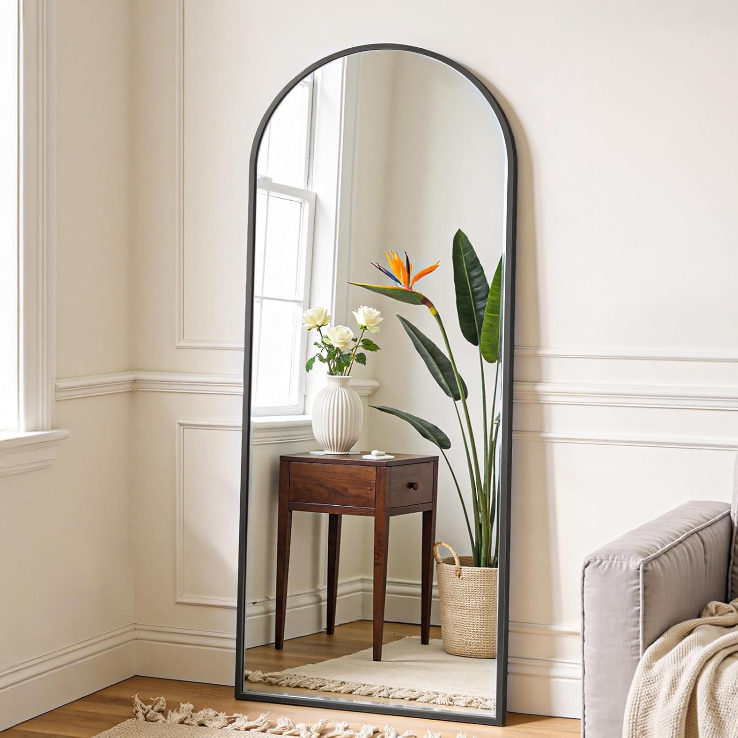 OLIXIS Arched Full Length Mirror with Stand, 60″x16″ Full Body Mirror | Aluminum Alloy Thin Frame, Floor Hanging or Leaning Wall, Bedroom Living Room, Black