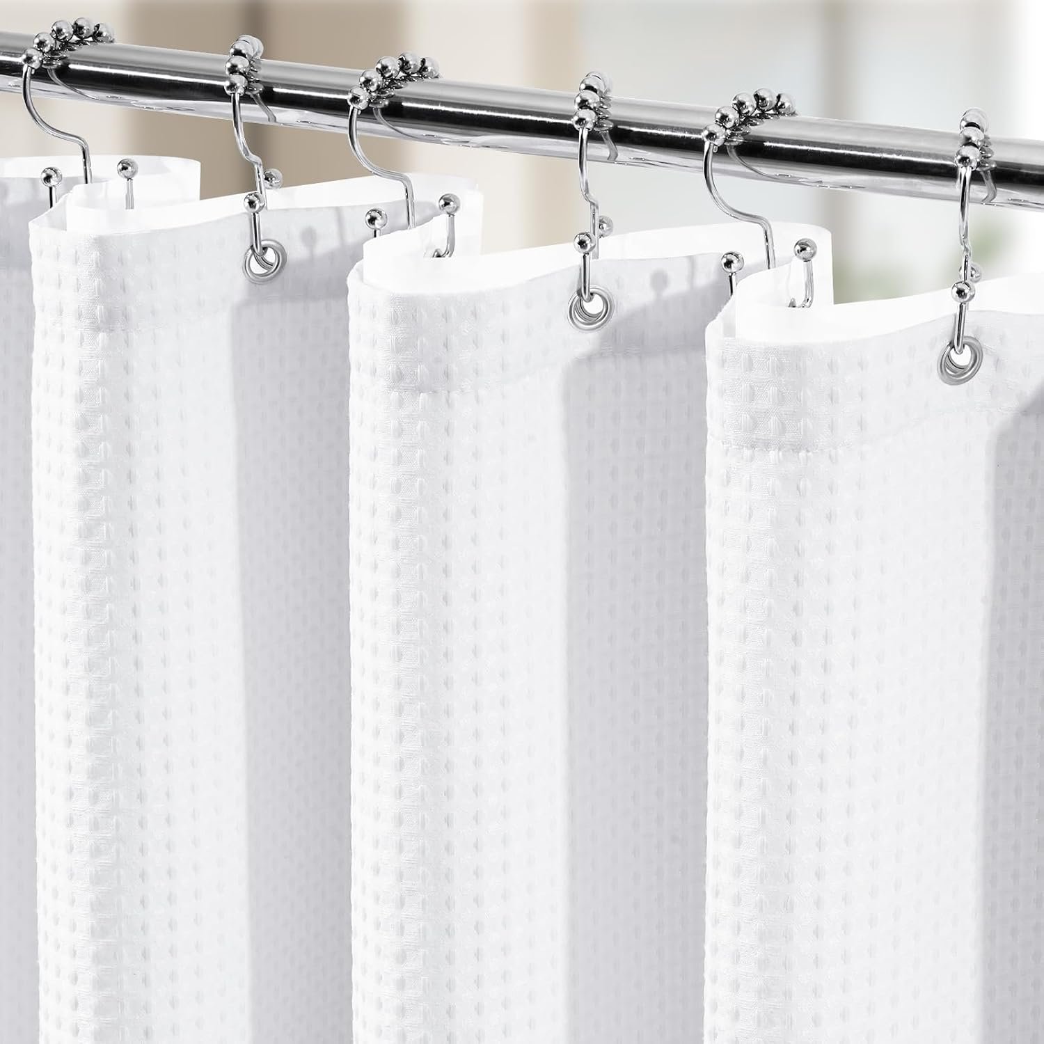 3 in 1 Shower Curtain Set, Waffle Shower Curtain and Liner Set with 12 Double Sided Shower Curtain Hooks, 258GSM Luxury Weighted Cloth Shower Curtains for Bathroom, 72 W x 72 H, White