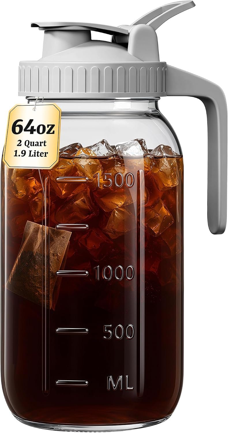 64 oz Mason Jar Pitcher, Glass Pitcher with Lid for Sun Tea & Iced Tea | Airtight, Leak Proof, Wide Mouth, Pour Spout Lid, Thick Glass, Fridge Safe, Ergonomic Handle, Easy to Clean