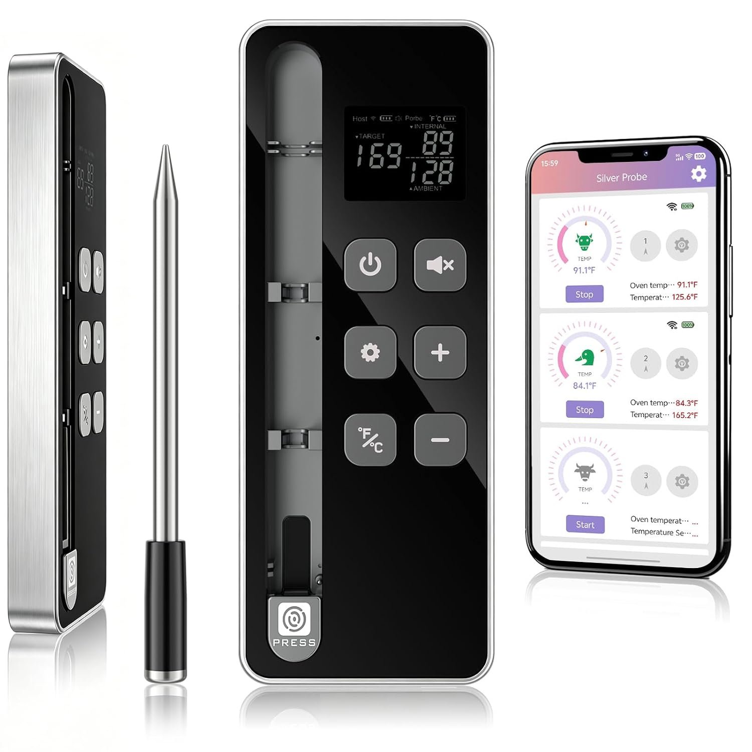 SP2 Smart Wireless Meat Thermometer with Display Base, Ultra-Thin Heat-Resistant Probe, 10X Long Range Signal, WiFi App Monitoring, BBQ Grill Thermometer for Oven, Smoker, Grill, iOS Android