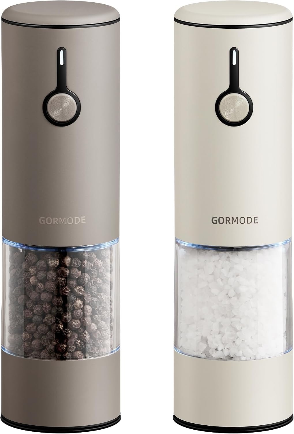 Stainless Steel Rechargeable Electric Salt and Pepper Grinder Set – USB Charging, One-Hand Electric Mill, Adjustable Coarseness, LED Light & Dust Cover –2pack(Greige & Buttercream)