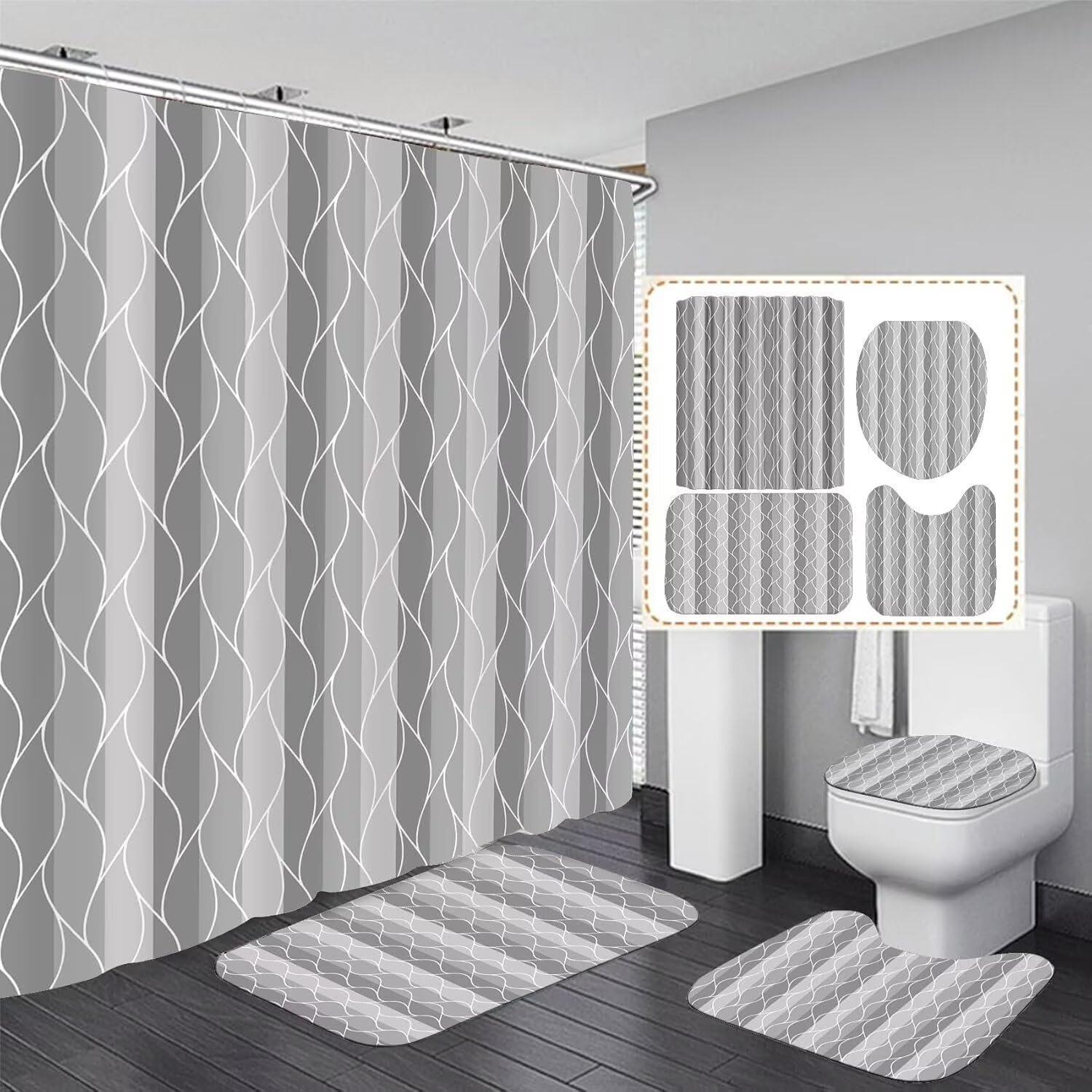 DDQQ 4Pcs Grey Wave Lines Shower Curtain Set with Rugs Stripe Bathroom Set | Waterproof, Durable, Grey Shower Curtain with 12 Hooks, Non-Slip Rugs, Toilet Lid Cover, U Toilet Mat, Bathroom Decor