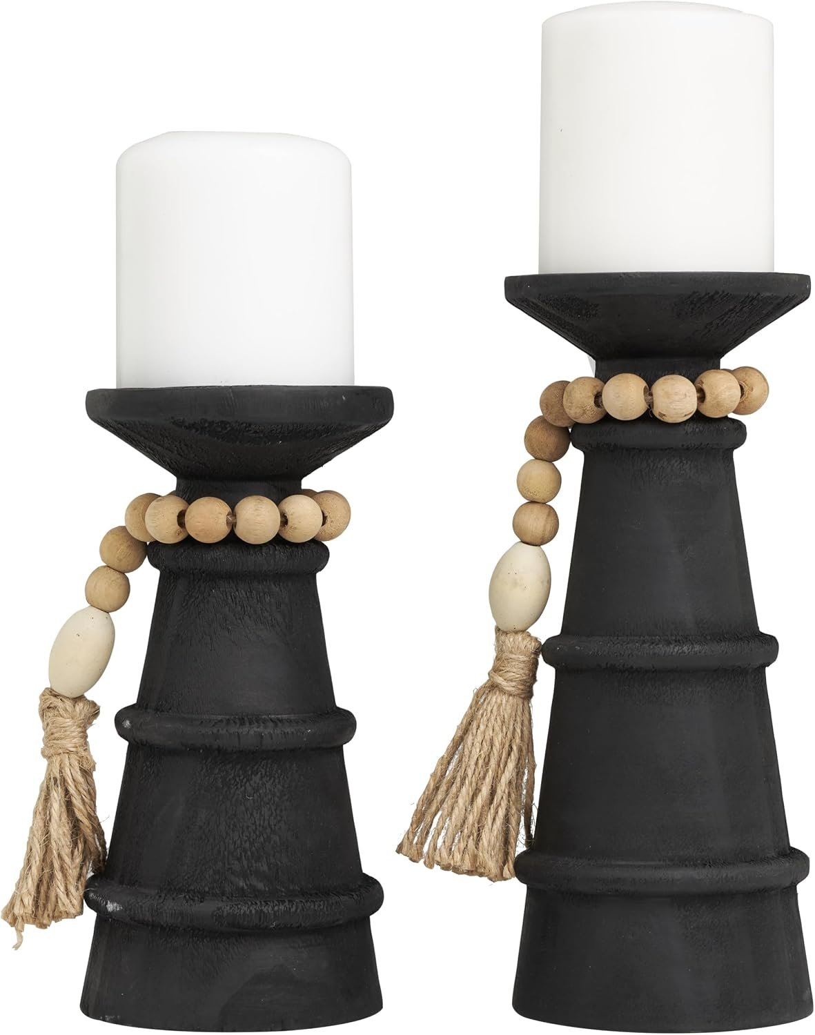 Deco 79 Wood Handmade Decorative Candle Holder Textured Matte Candle Stand with Beaded Garland Accent, Set of 2 Candlestick Holder 10″, 8″ H, Black
