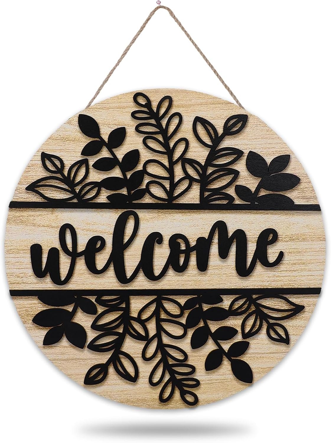 JarThenaAMCS 3D Black Leaves Welcome Door Sign Wooden Hanging Sign Rustic Front Door Hanger for Indoor Outdoor Farmhouse Home Porch Window Decor
