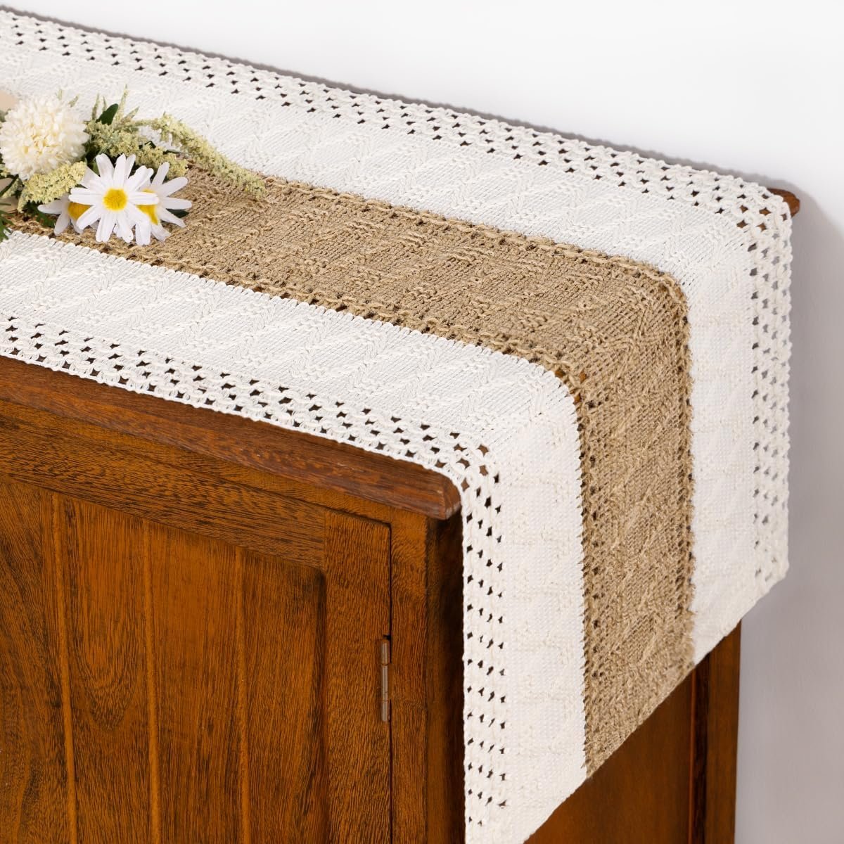 Boho Table Runner Summer Farmhouse Rustic Dining Dresser Scarf Home Decor | Kitchen Centerpiece Small Macrame Woven Cotton Linen Coffee Table Runner Birthday Party Decorations 36in Ivory Burlap