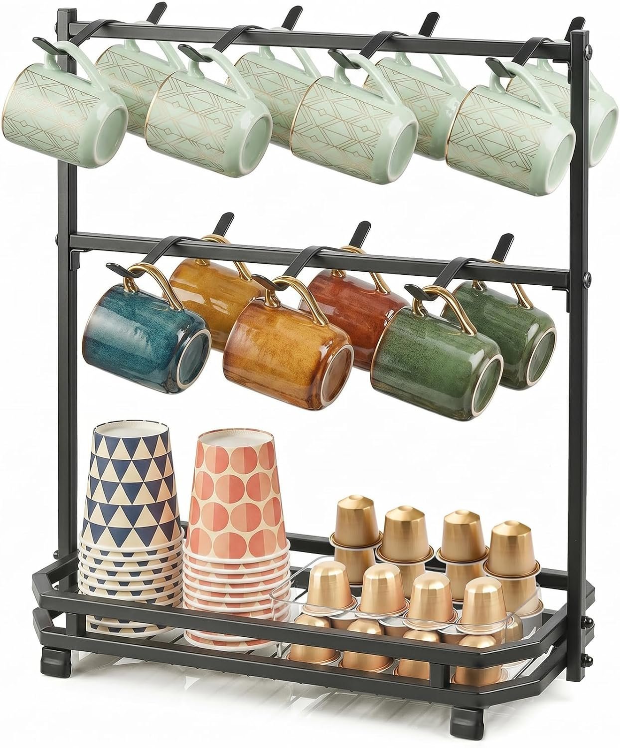 Coffee Mug Holder for Countertop, 14 Hooks Metal Coffee Cup Holder Rack | Mug Tree Stand with Storage Base for K Cup Coffee Pod Paper Cups Tea Bag, 2 Tier, Black