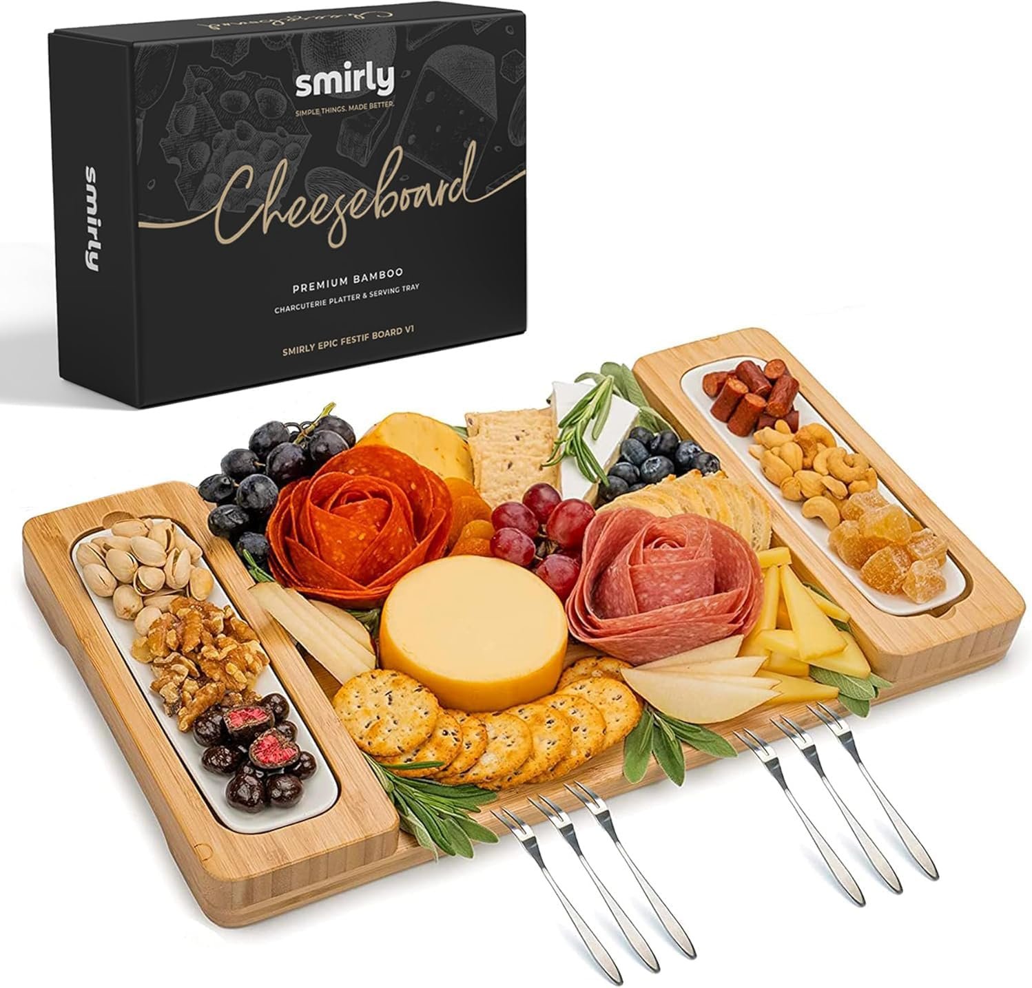 SMIRLY Bamboo Charcuterie Board Set with Serving Accessories | Housewarming, Bridal Shower and Birthday Gift for Women, Designed for Serving Cheese, Snacks, Fruits and Appetizers