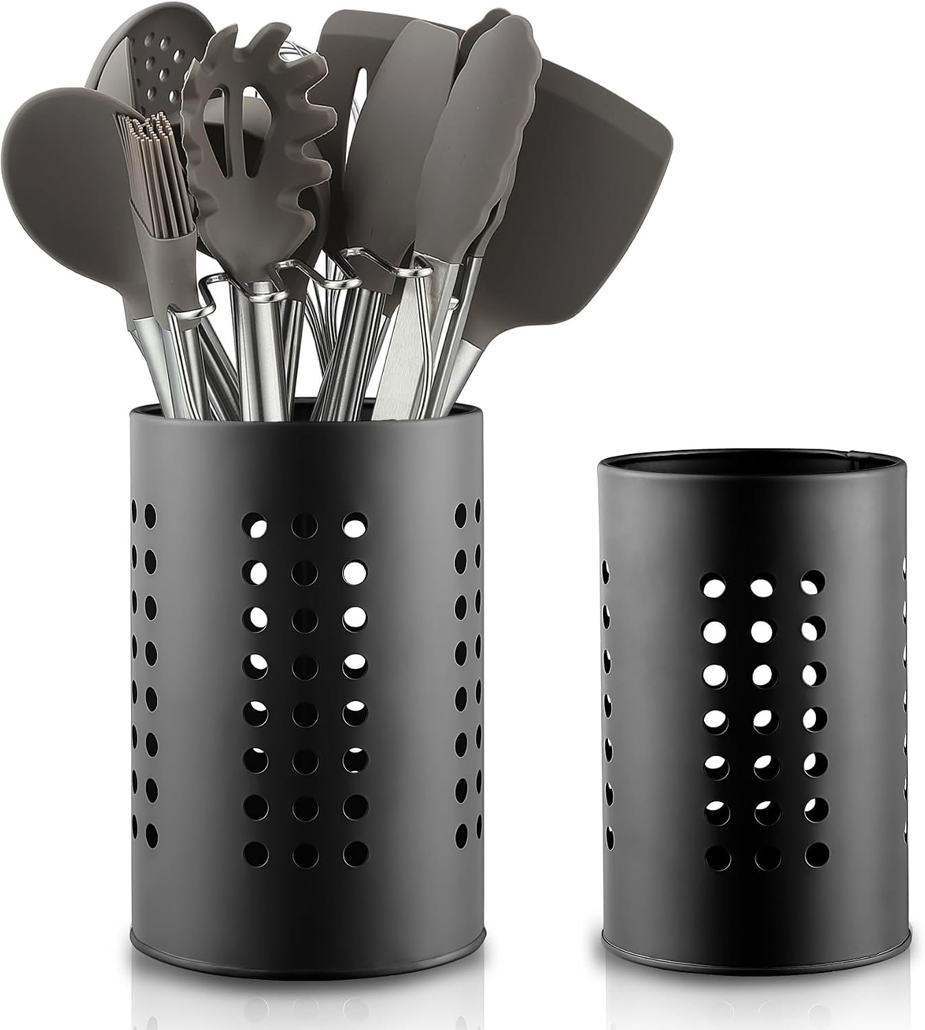 Berglander Kitchen Utensils Holder for Counter Top 2 Pieces, Black Stainless Steel Cutlery Holder, Kitchen Essentials Farmhouse Style Home Countertop Organizer