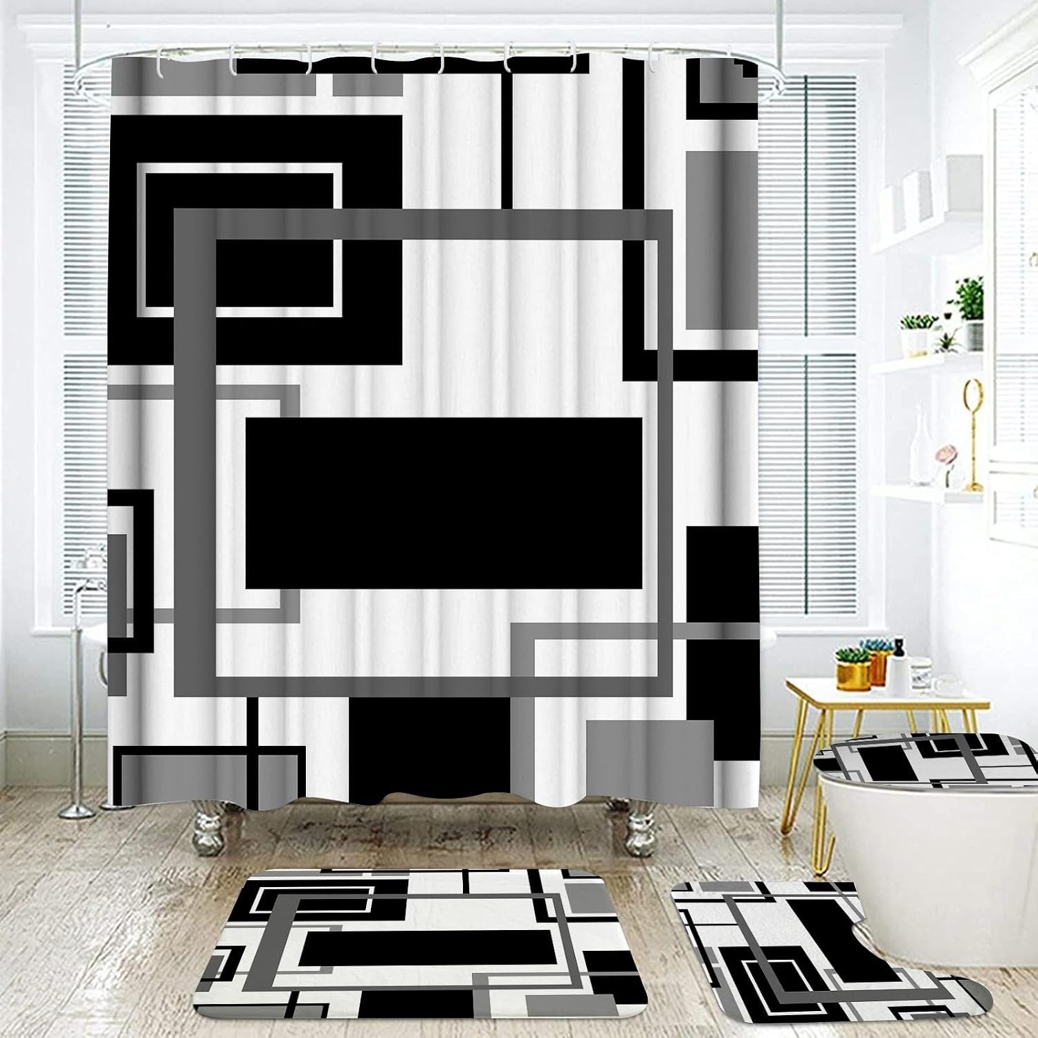Onalasyc 4Pcs Black Geometric Shower Curtain with Rugs Set Waterproof Black Bathroom Sets with Shower Curtain and Rugs Abstract Geometric Modern Bathroom Curtains Shower Set with 12 pcs Hooks