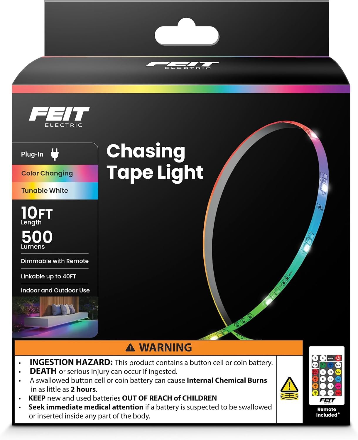 Feit Electric 10ft Chasing & Tunable White LED Tape Light, Dimmable, RGB Colors, Cut-to-Fit, Linkable up to 40ft, Slim 0.4in Width, Indoor/Outdoor Plug-In Light Strip, Remote Controlled, TAPE120/CHASE