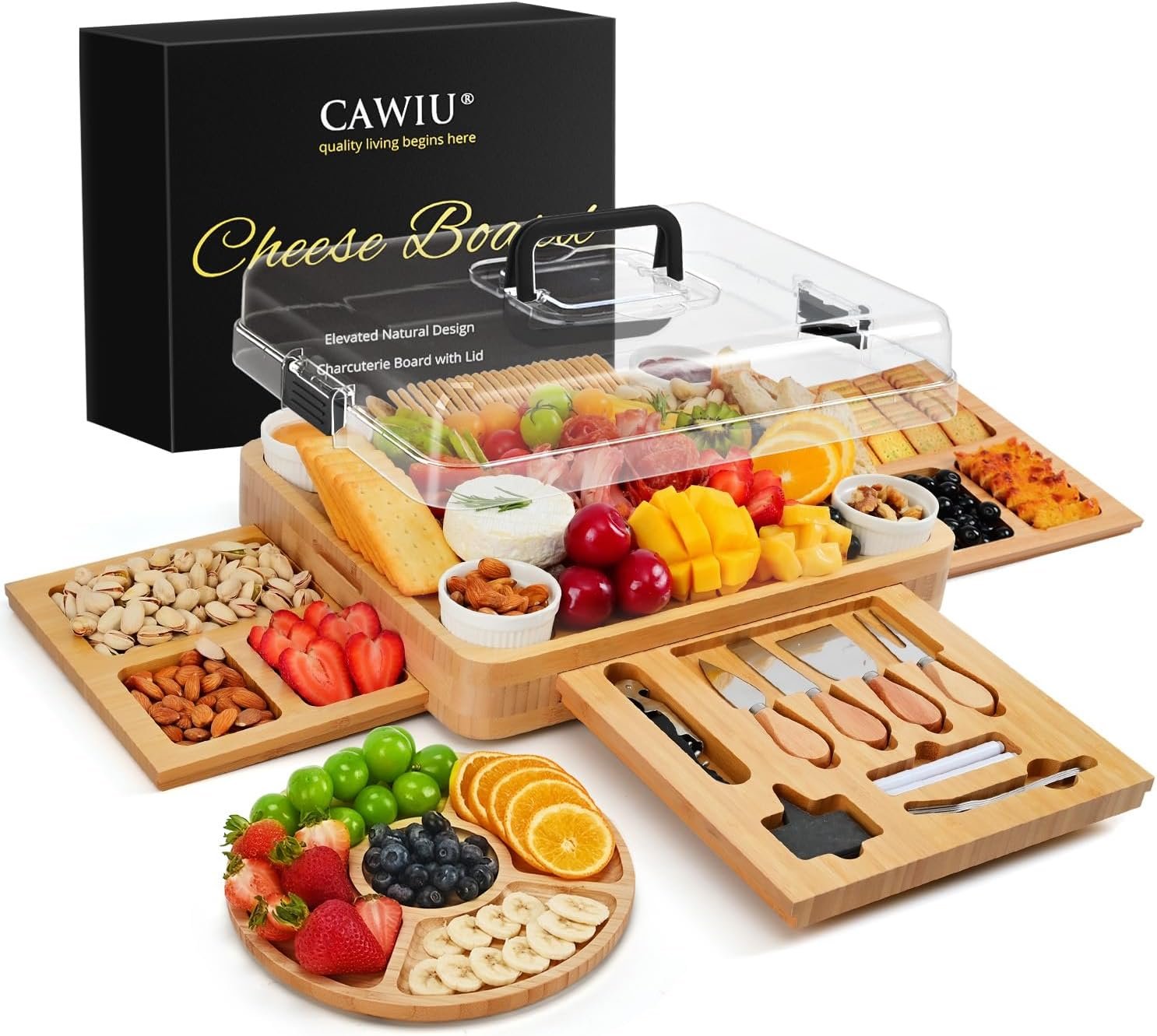 Large Bamboo Charcuterie Board Set with Lid, Drawers, Black | Includes serving utensils and a fruit tray for easy entertaining; ideal for housewarmings, weddings and bridal showers.