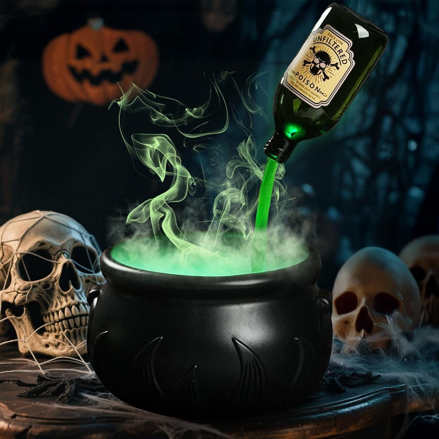 Halloween Decorations Indoor – DIY Witches Cauldron Floating Potion Set | Spooky Vintage Black Plastic Bowl with Mist Maker, Hocus Pocus Party Decor for Home Table Mantel Kitchen Room