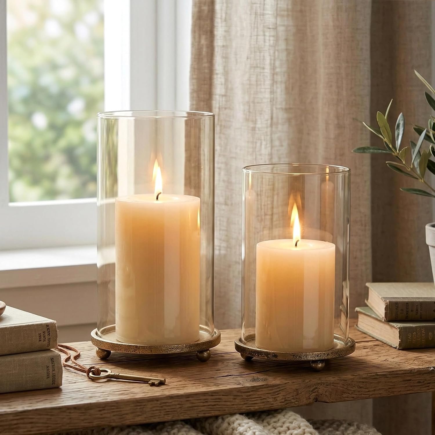 Gold Hurricane Candle Holders with Glass Sleeves Set of 2 | Pillar Candle Stands for Fireplace Mantel Dining Table Centerpiece Home Decor