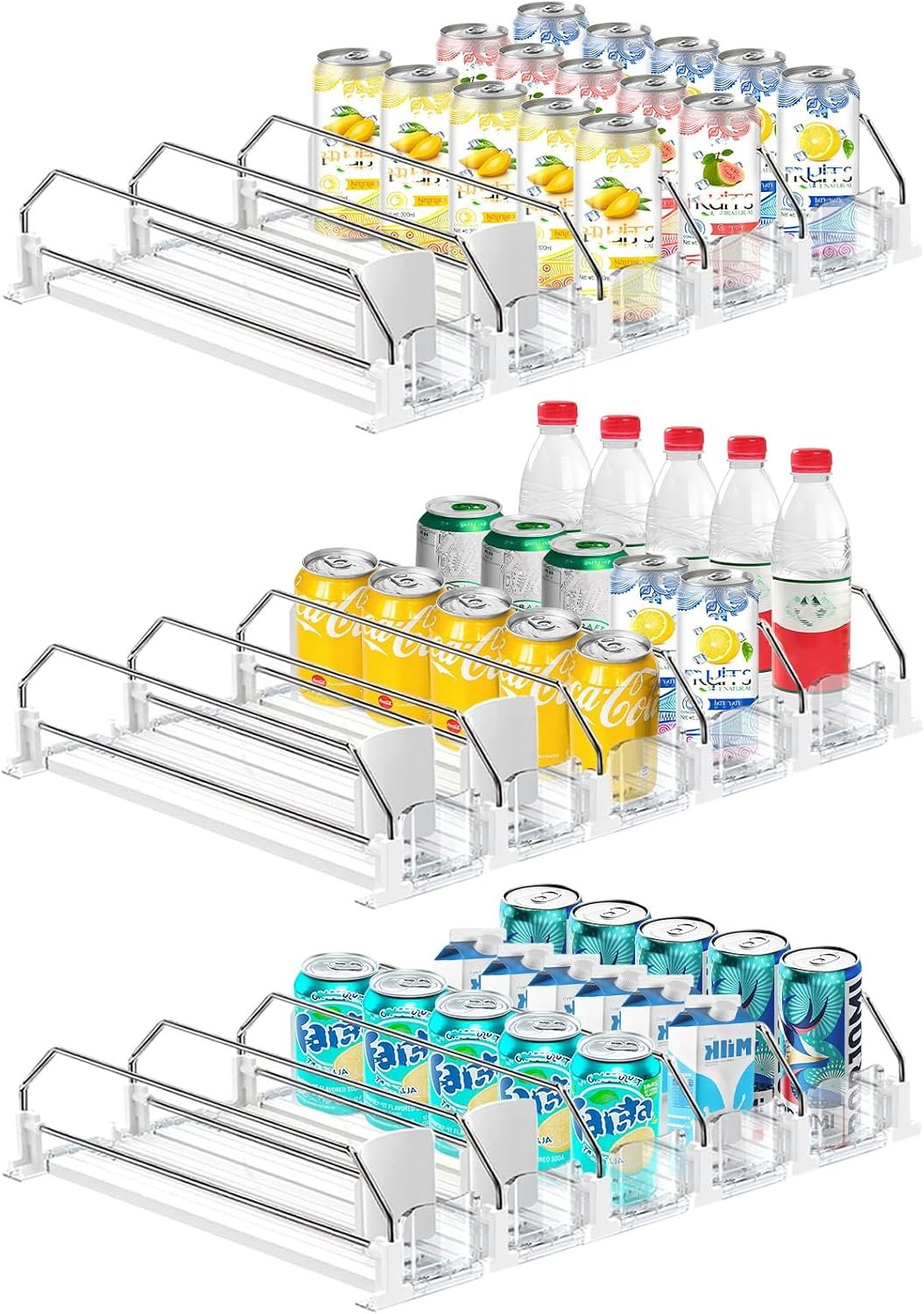 3 Pack Drink Organizer for Fridge, Self Pushing Fridge Drink Organizer | Self Pushing Soda Dispenser for Refrigerator, Automatic Drink Dispenser for Fridge, Holds up to 75 Cans (15 Rows)