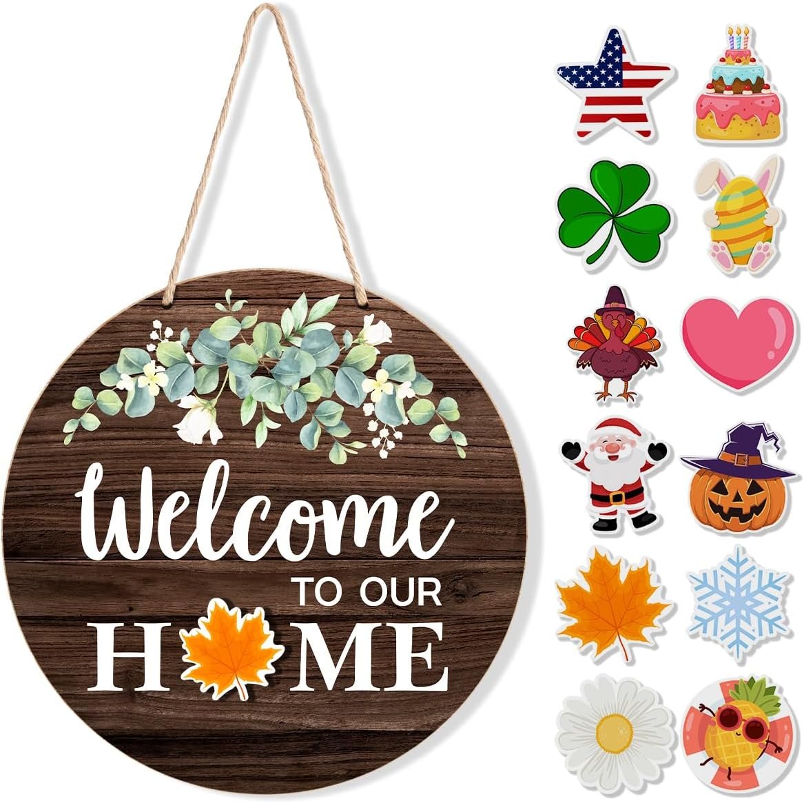 Interchangeable Welcome Sign Fall Halloween Front Door Decoration | Rustic Round Wood Wreath Wall Hanging Porch Decor, Welcome to Our Home Sign for Spring Summer Winter All Seasons Holiday
