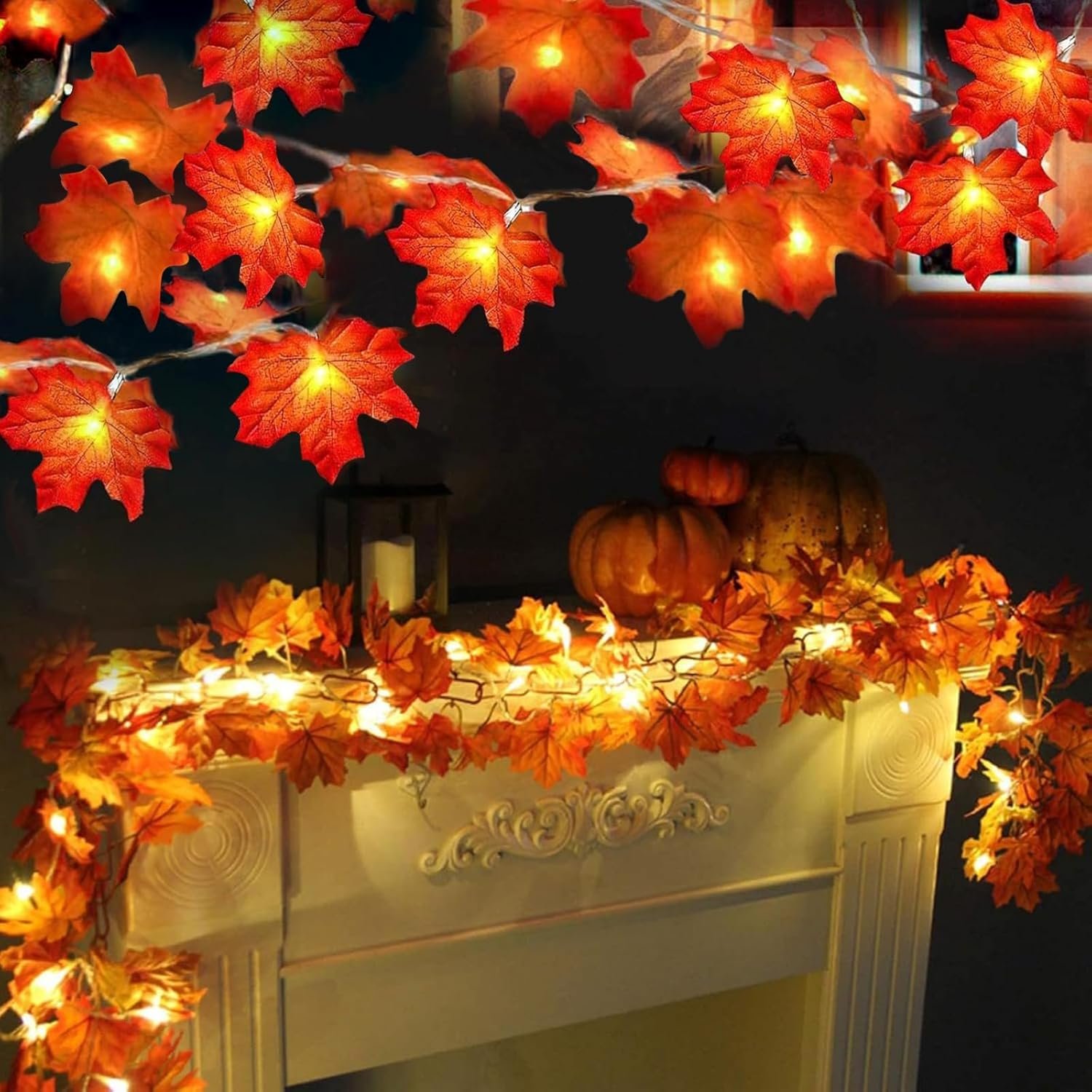 Fall Decor 2 Pack Fall Garland with Lights Enlarged Maple Leaves 20Ft 40LED | Fall Decorations for Home, Battery Operated Waterproof Autumn String Lights Indoor Outdoor Halloween Thanksgiving Decorations