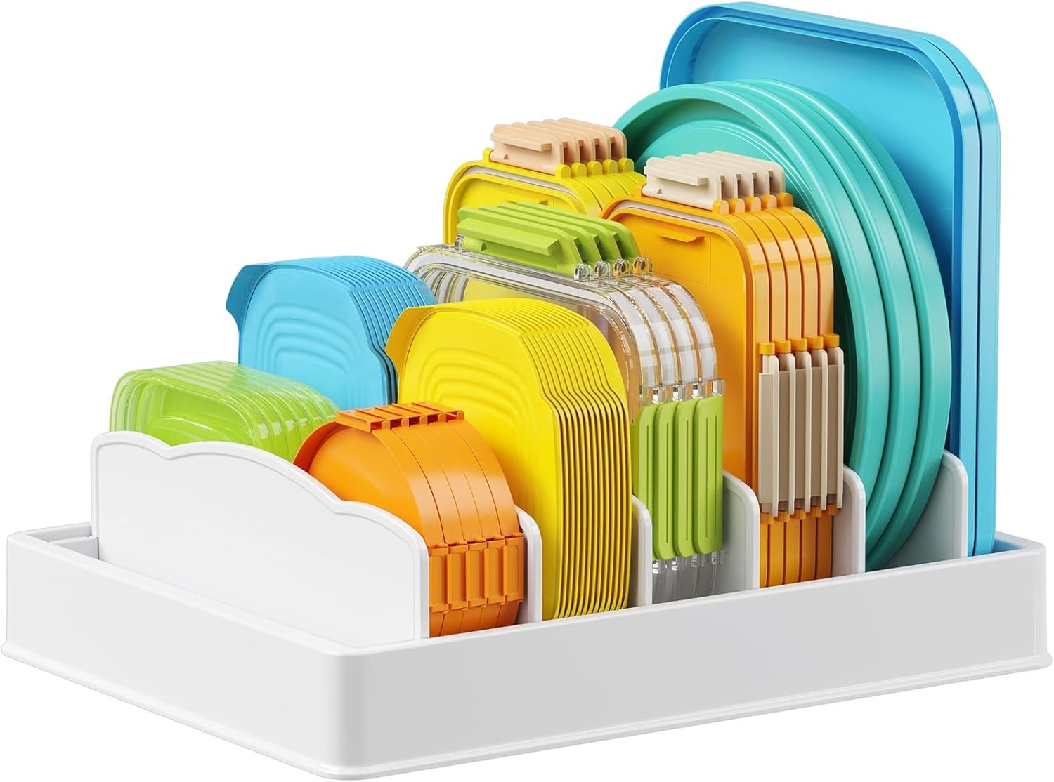 Lifewit Kitchen Cabinet Organizer for Food Contanier Lid with 7 Sections | Lid Holder with 6 Adjustable Dividers for Pantry Organizers and Storage, Home Drawer Organization, White, Large, 13″ x 10″