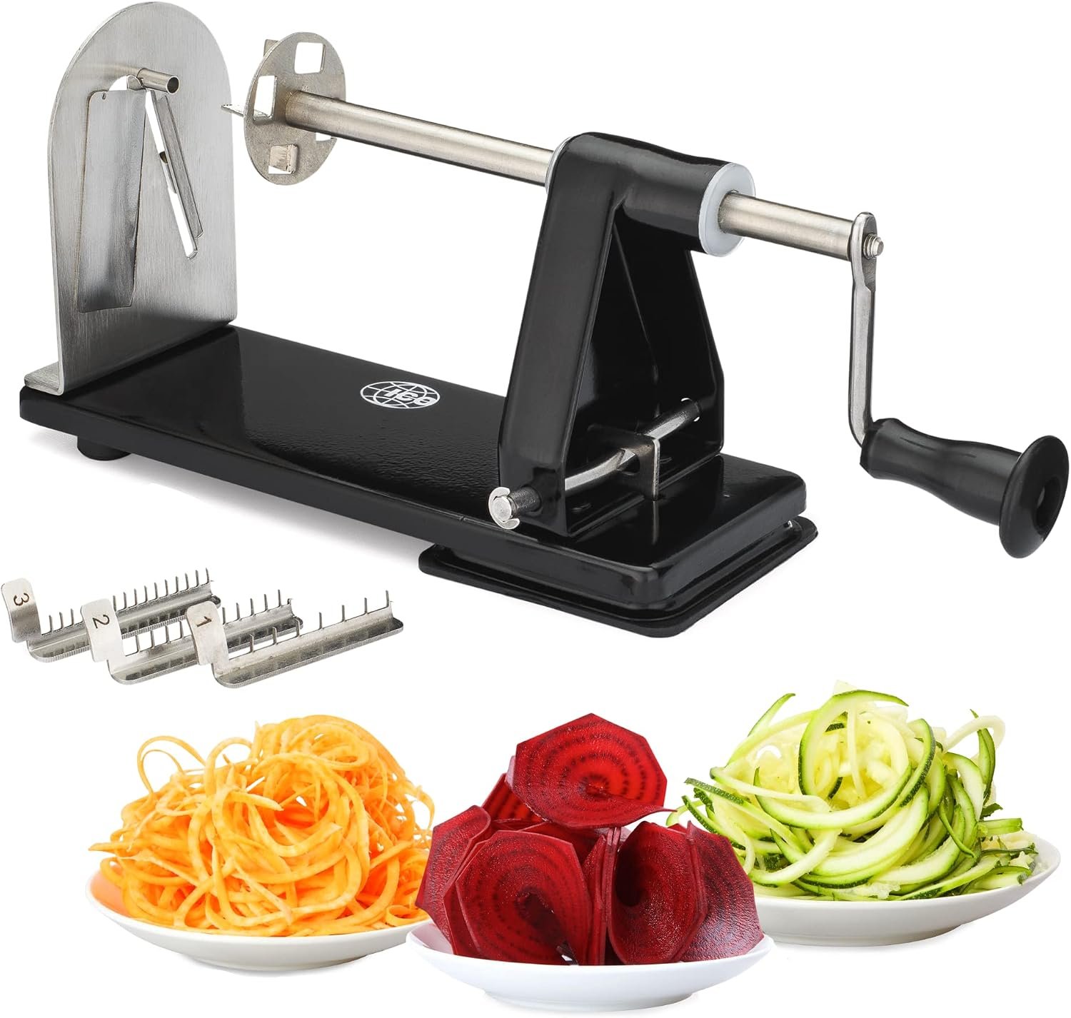 ICO 4-Blade Spiralizer Vegetable Slicer and Curly Fries Maker, Stronger than all Plastic Spiralizers with 3 Interchangeable Blades and 1 Built-In, Black