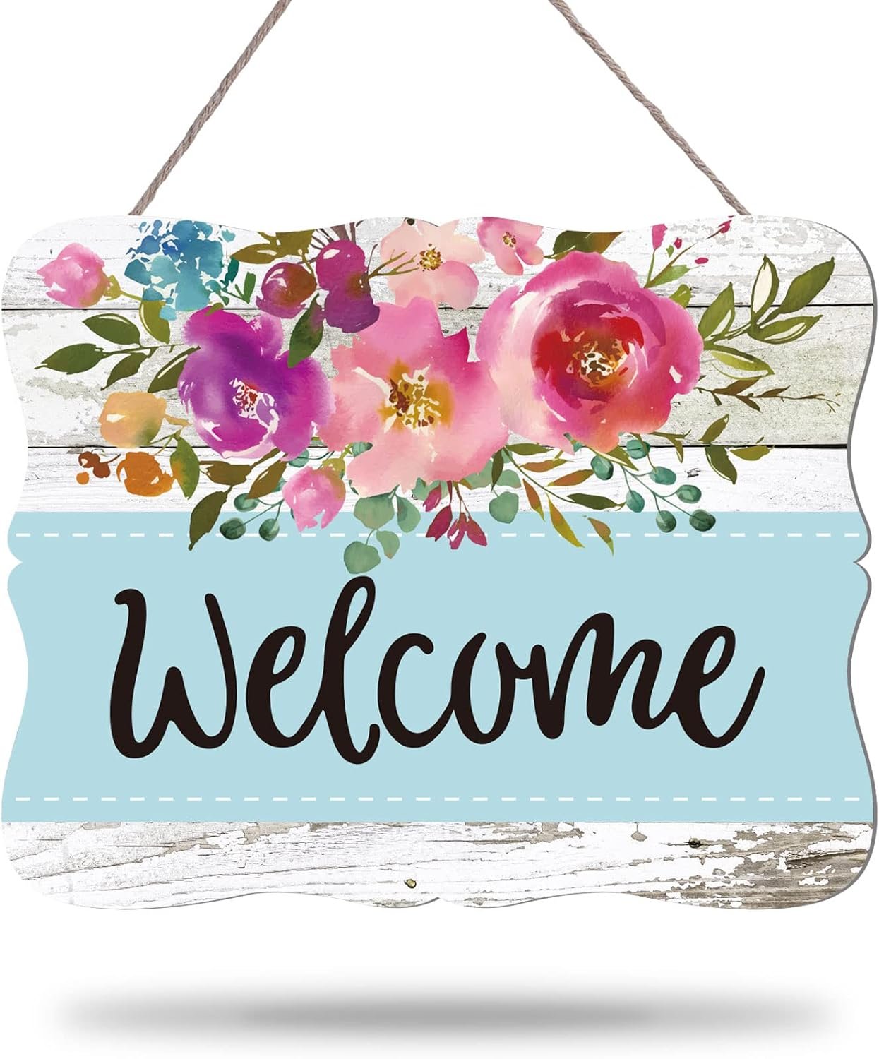Whaline Floral Wooden Welcome Sign Front Door Decor Watercolor Flower Hanging Sign for Summer Farmhouse Home Coffee Shop Window Wall Decor