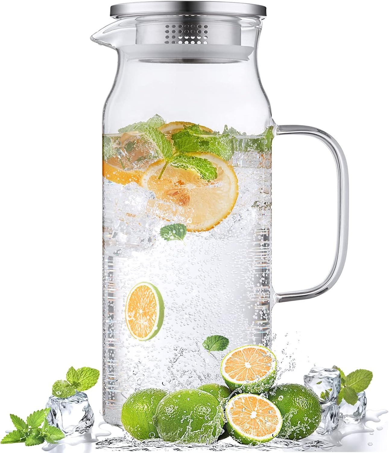 2 Liter 68 oz Glass Pitcher with Lid and Handle, Glass Carafe for Hot/Cold Water, Large Iced Tea Pitcher for Coffee, Juice and Homemade Beverage