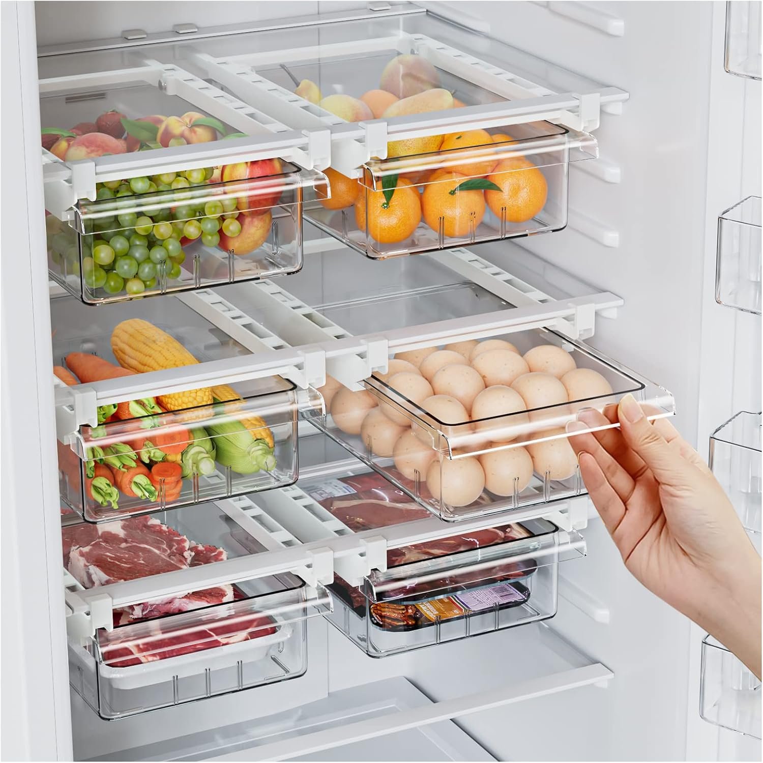 SNSLXH 2 Pack Refrigerator Drawer Organizer, Pull Out Shelf Storage Transparent Organizer for Egg, Fruit, Vegetable, Seafood, Meat, Fit All Fridge Shelves Under 0.6”