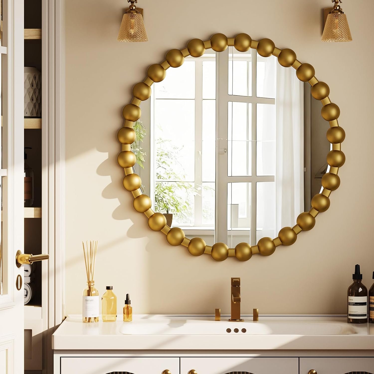 Easly Round Mirror for Wall, 24 Inch Gold Beaded Frame Decorative Vanity Mirror, Circle Bathroom Mirror with High-Definition Lense, Modern Wall Decor for Bathroom, Living Room, Bedroom, Entryway